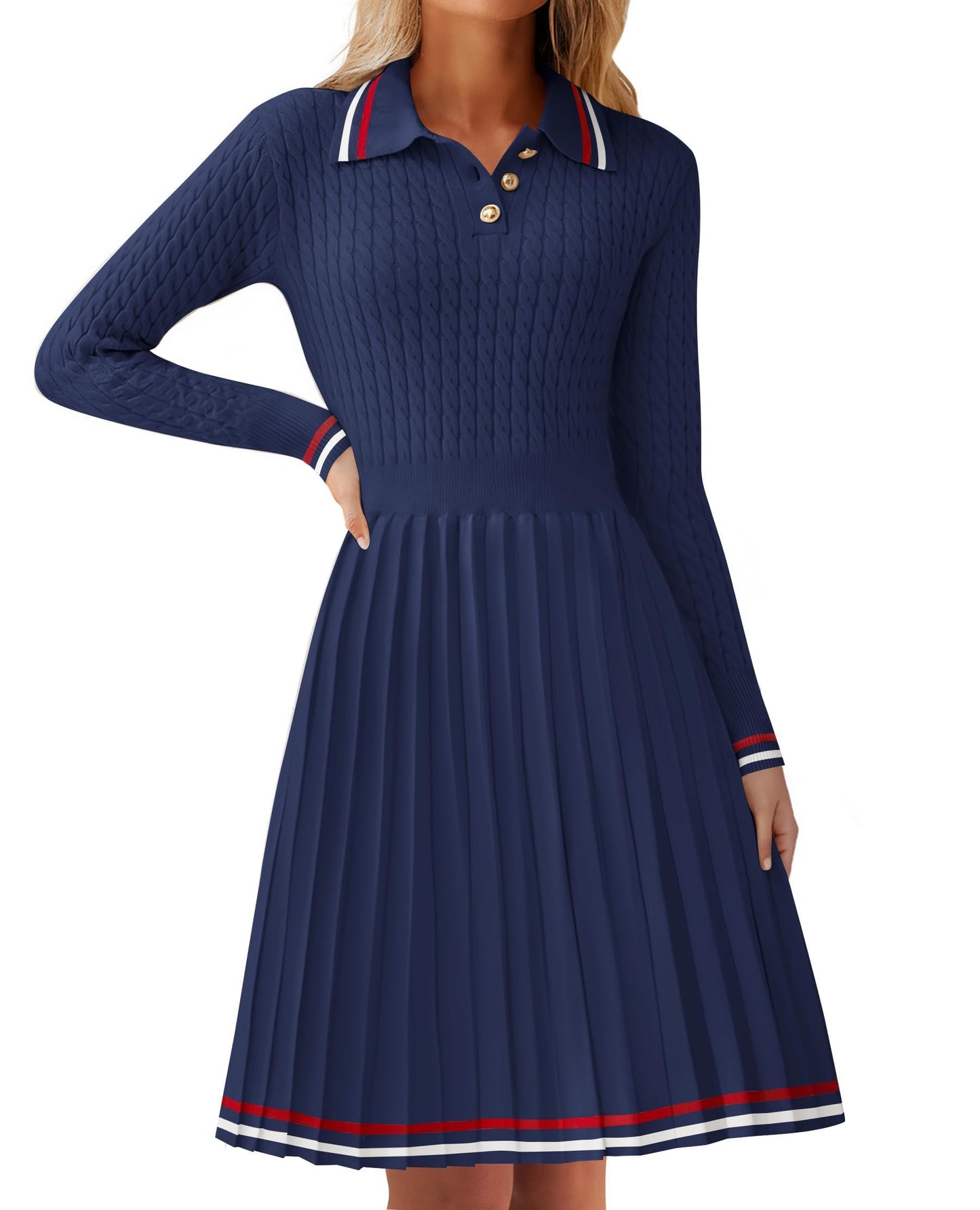 ZESICA Women's Midi Sweater Dress 2024 Fall Long Sleeve Cable Ribbed Knit A Line Swing Pleated Dresses,Royal Blue,Medium