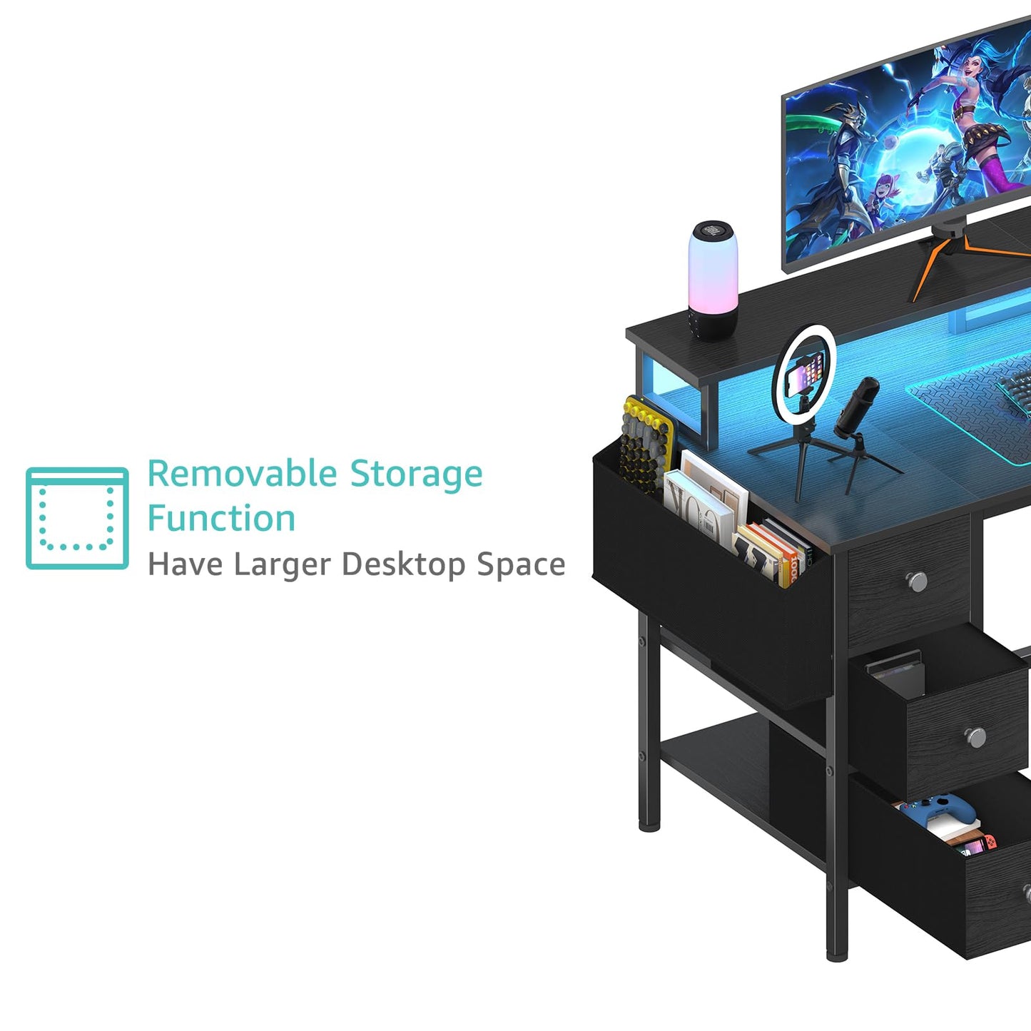 Lufeiya Gaming Desk with LED Lights and Power Outlets, 47 inch Computer Desk with Fabric Drawers & Storage Shelves, Home Office Desk with Monitor Stand, Black