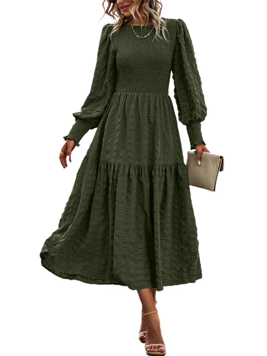 PRETTYGARDEN Women 2024 Puff Long Sleeve Crewneck Smocked Maxi Dress Solid Empire Waist Tiered A-line Swing Flowy Long Dress(Army Green,X-Large)