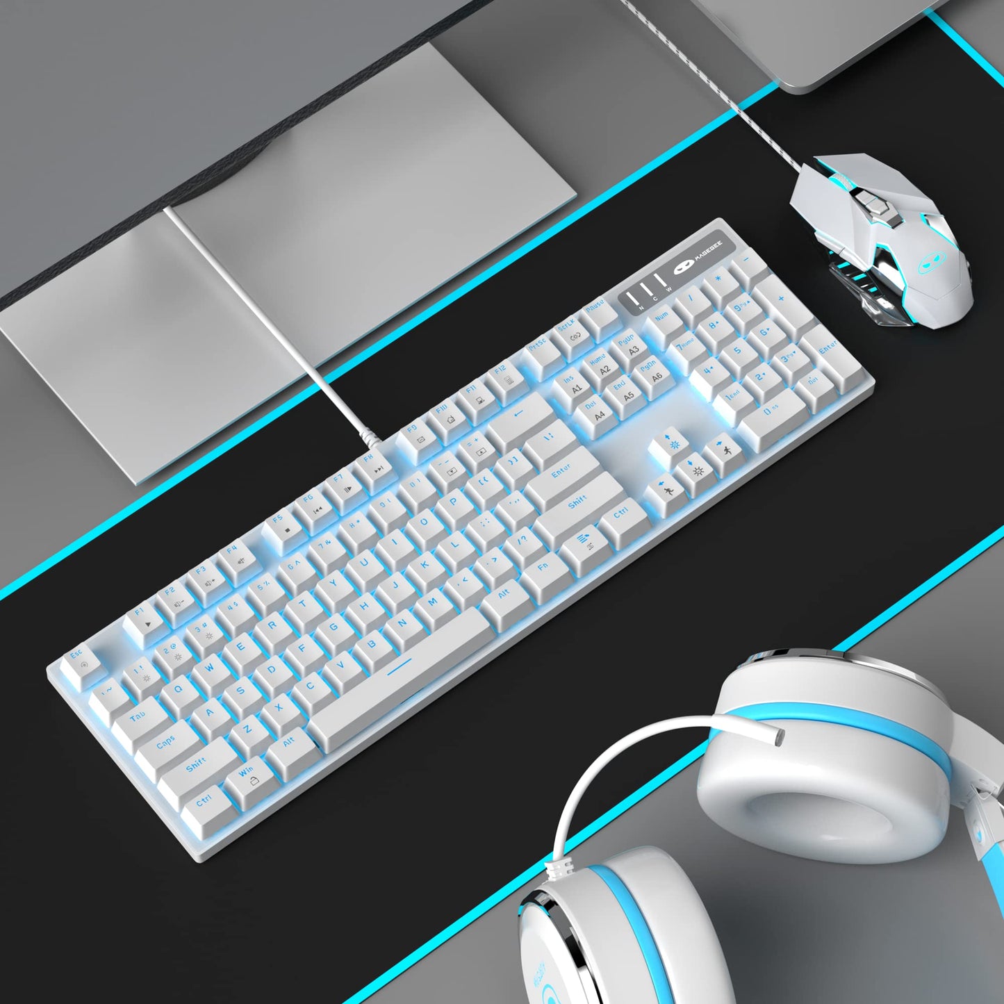 Mechanical Keyboard and Mouse, Wired Blue Backlit Mechanical Gaming Keyboard with Blue Switch, 104 Keys Anti-Ghosting Gaming Keyboard, 7-Color Breathing Backlit Gaming Mouse, White