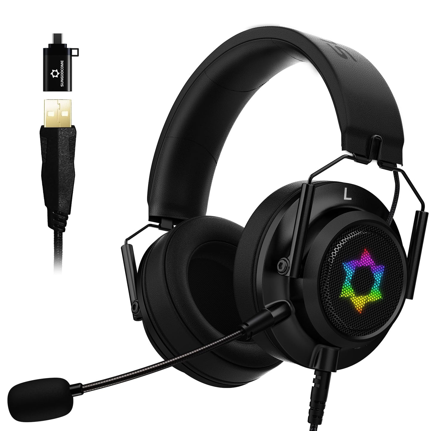 SUNGODCOME ES09 Foldable Gaming Headset - 7.1 Surround Sound, Detachable Noise Cancelling Mic, RGB Light, Memory Foam, for PC, Xbox, PS4/5, Switch, Console, Meeting & Music