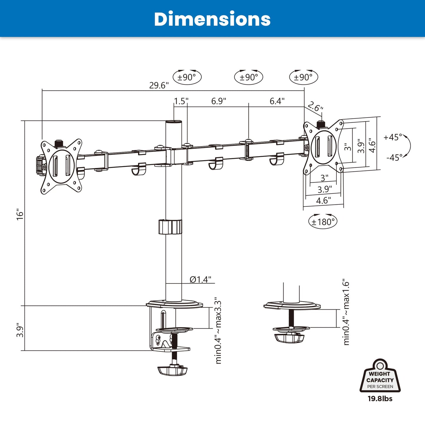 Mount-It! Dual Monitor Mount, Dual Monitor Arm for 2 Screens, Dual Monitor Desk Mount, Adjustable Tilt and Swivel Arms for Double Screens up to 32” & 19.8 Lbs VESA 75x75 and 100x100 C-clamp & Grommet