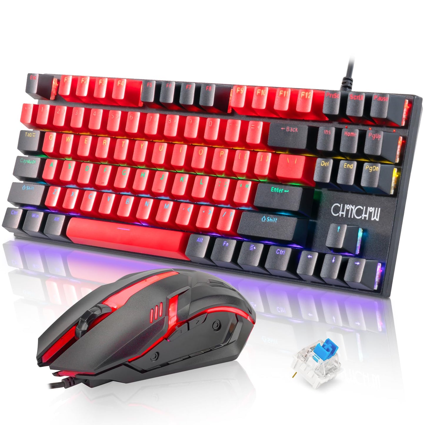 CHONCHOW 75% Mechanical Gaming Keyboard and Mouse Combo, 87 Keys TKL, LED Backlit, Blue Switch, Hot Swappable Mechanical Keyboard, RGB Mouse 1200-4200 DPI for Ps4 Xbox PC Laptop Mac Windows, Black-Red