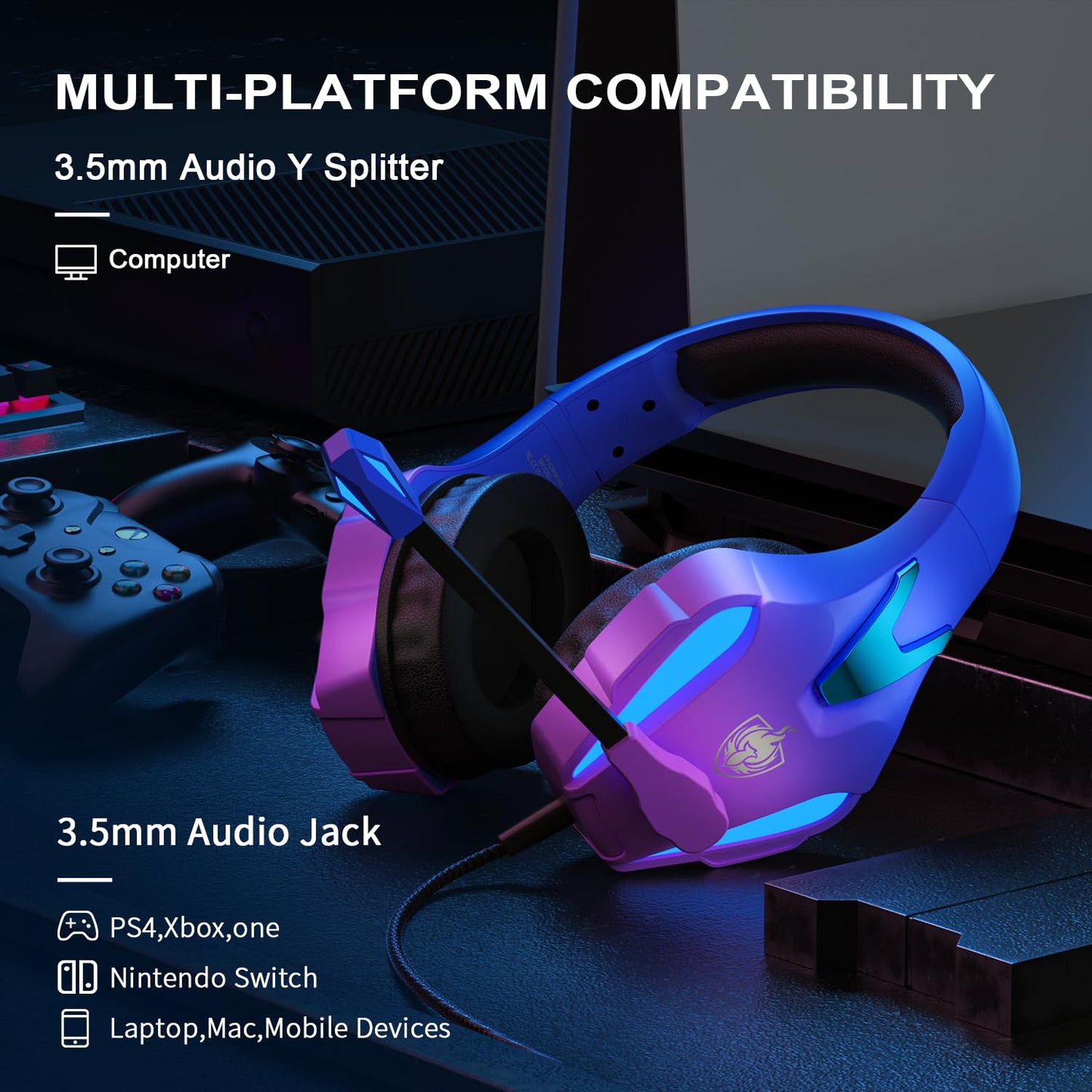 PHOINIKAS PS4 Gaming Headset for PC, PS5, Xbox Headset with 7.1 Stereo Sound, Over Ear Gaming Headphones for Switch, Mobile PS4 with Noise Cancelling Mic, LED Light (Violet)