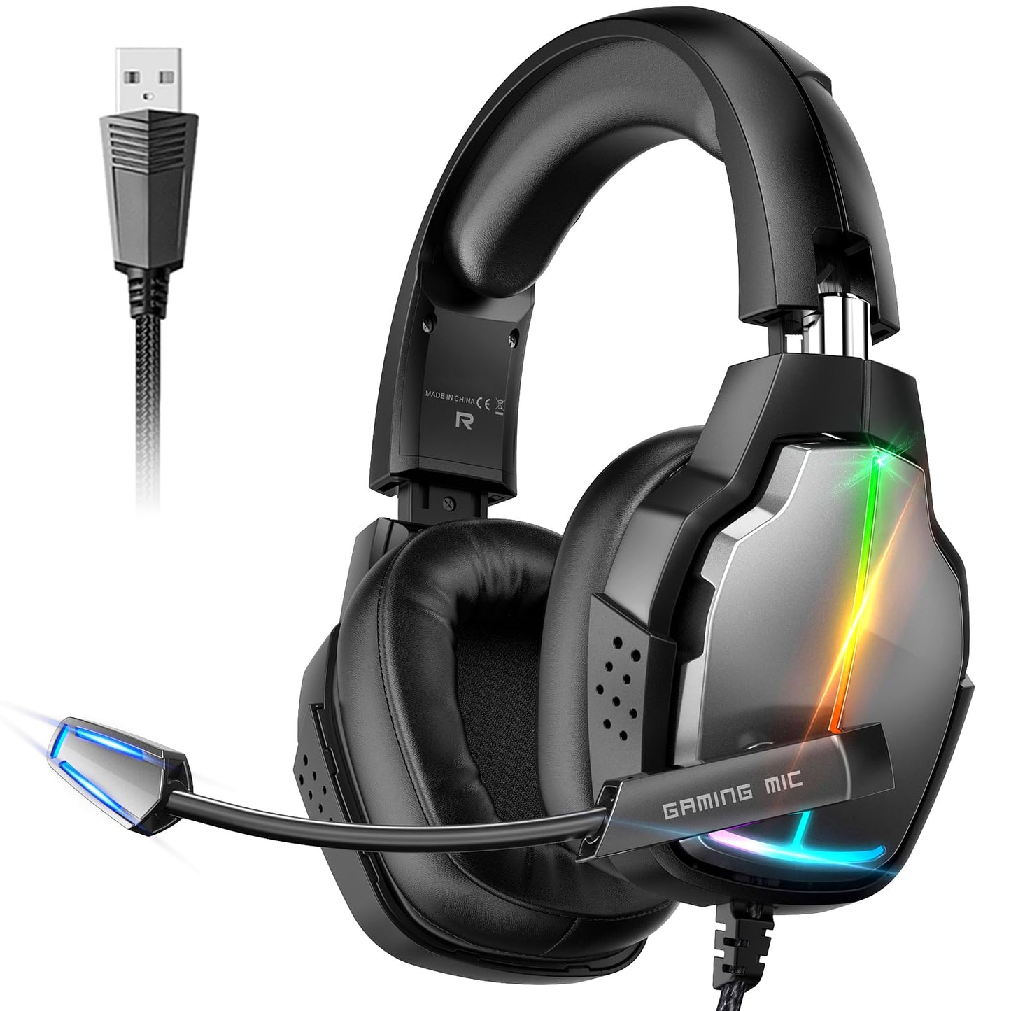 Foyose Gaming Headset for PC-Wired Headphones with Microphone-7.1 Surround Sound Computer USB Headset for Laptop