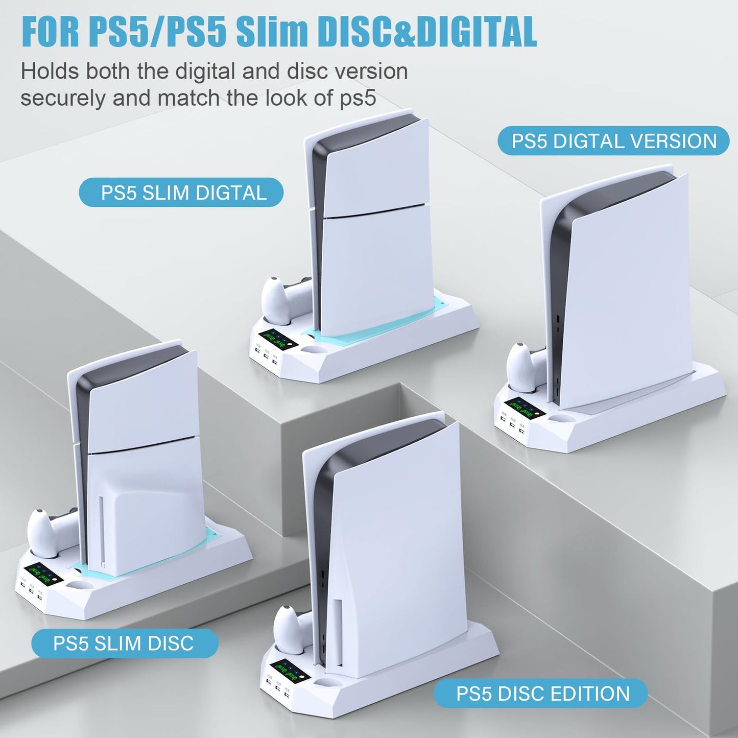 PS5 / PS5 Slim Stand and Cooling Station with Dual Controller Charging Station for PlayStation 5 Console, PS5 Accessories Incl. Controller Charger, Cooling Fan, Headset Holder, 3 USB Hub, Screw-White