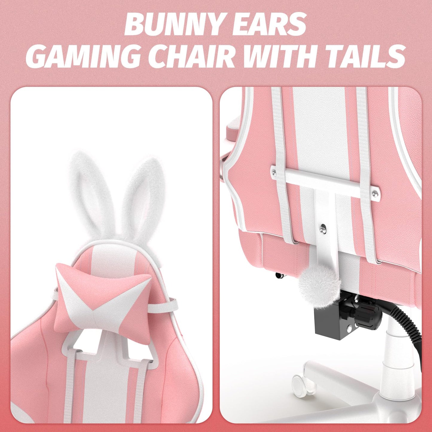 Ferghana Kawaii Pink Gaming Chair with Bunny Ears, Ergonomic Cute Gamer Chair with Footrest and Massage, Racing Reclining Home Computer Game Chair for Girls Adults Teens Kids