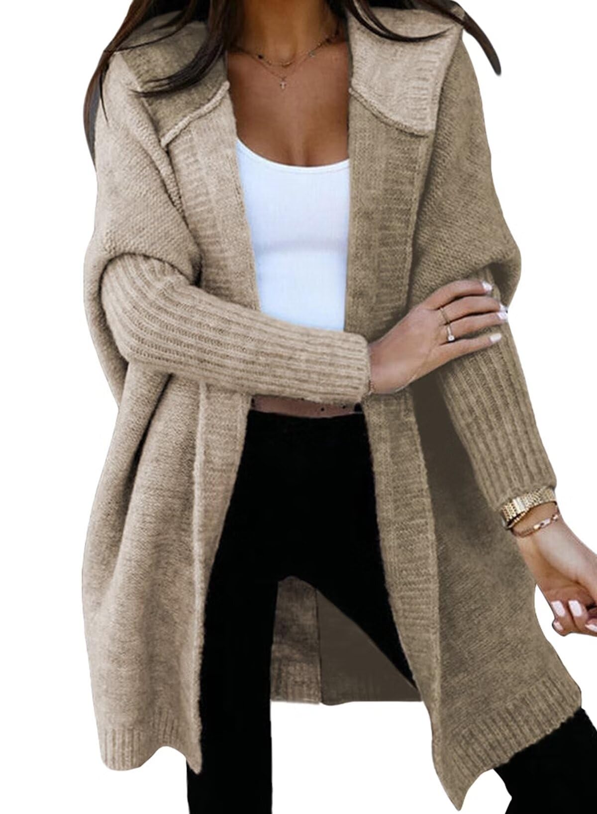 Astylish Women Long Sleeve Open Front Knit Cardigan Hoodie Outwear Color Block Sweater Deep Khaki Small