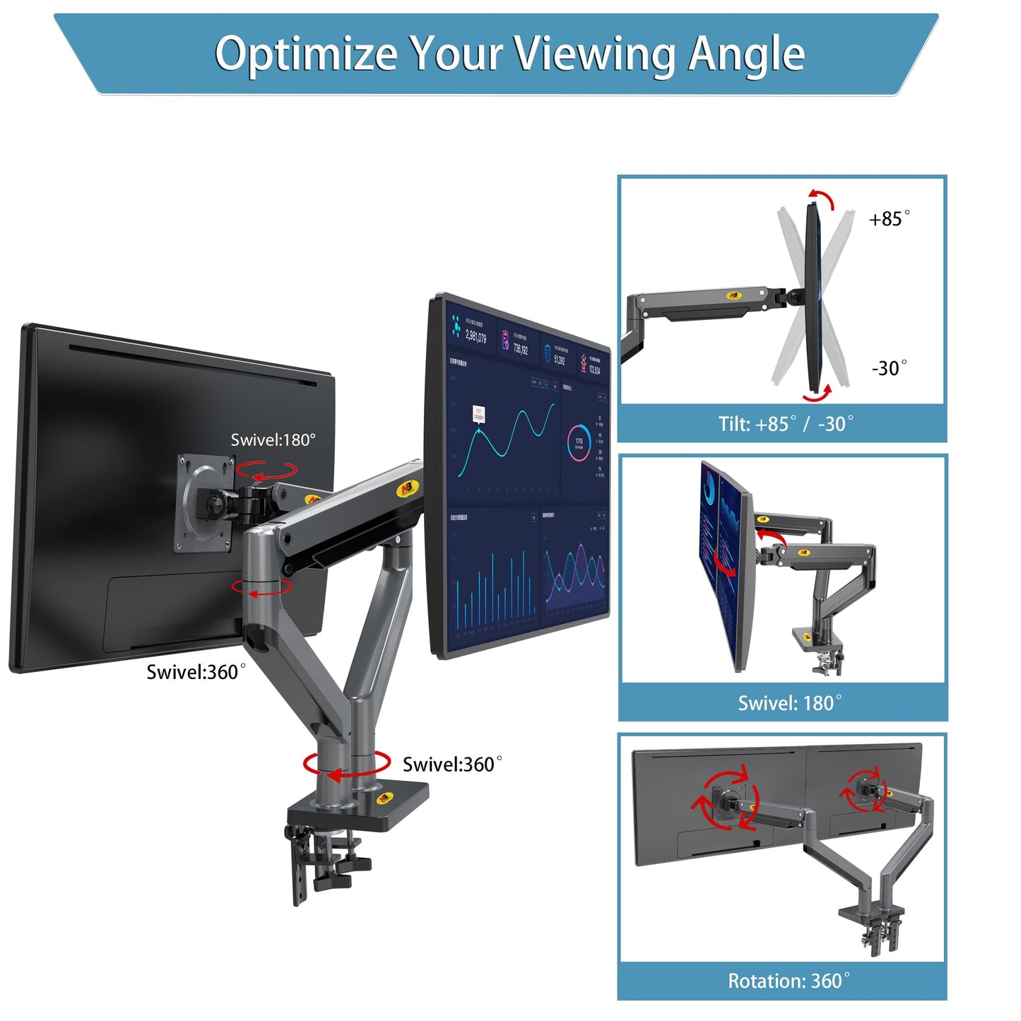 NB North Bayou Dual Monitor Arm Ultra Wide Full Motion Swivel Monitor Mount for 22''-32'' Monitors Load Capacity from 4.4 to 26.4lbs for Each Arm Height Adjustable Monitor Stand G35