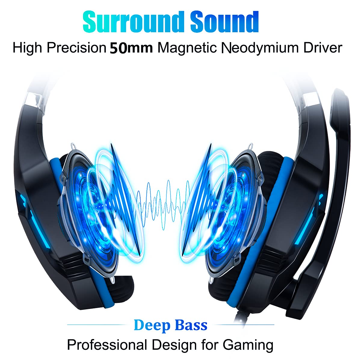 Gaming Headset for PS4, PC, Xbox One, PS5, for Nintendo Switch, Wired Over Ear Headphones with Stereo Surround Sound, Noise-Cancelling Microphone, LED Lights for Kids Adults, Black Blue