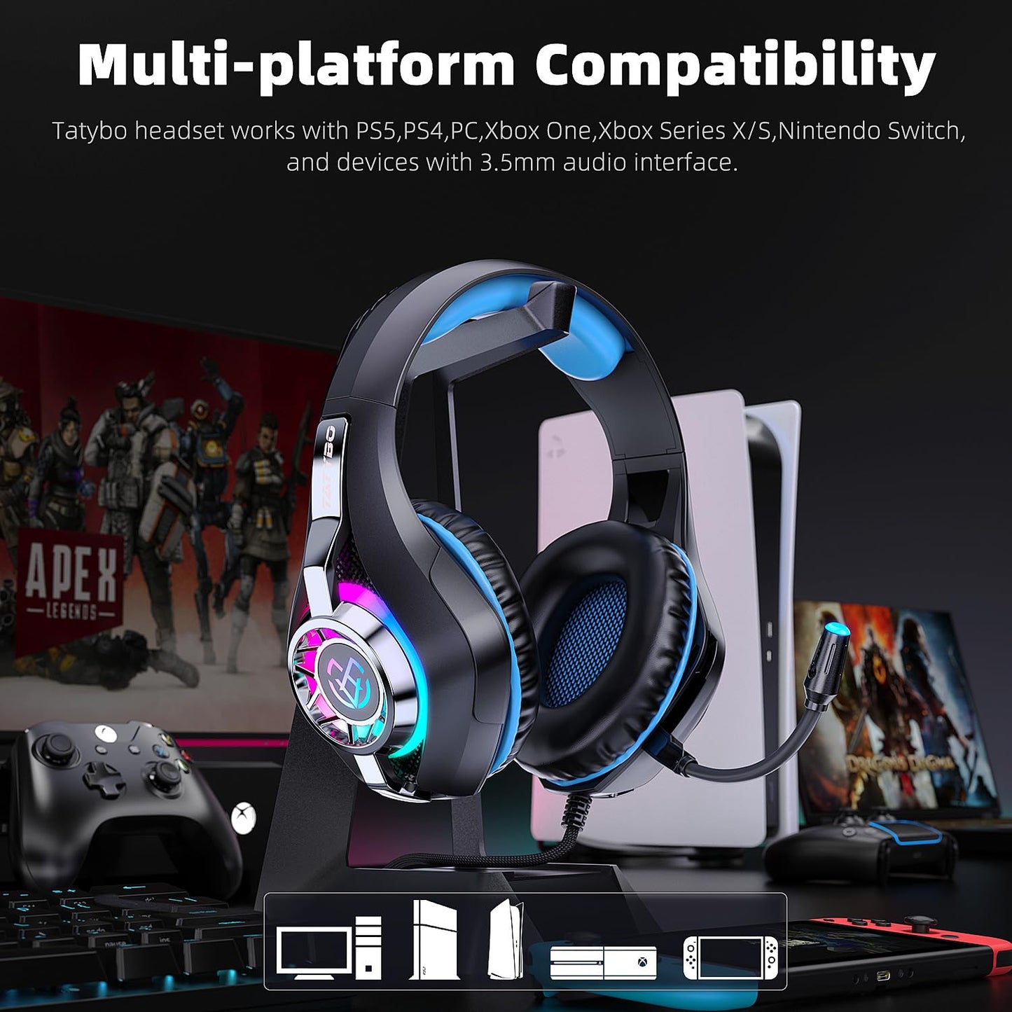 Gaming Headset for PC, Ps5, Switch, Mobile, Gaming Headphones for Nintendo with Noise Canceling Mic, Deep Bass Stereo Sound