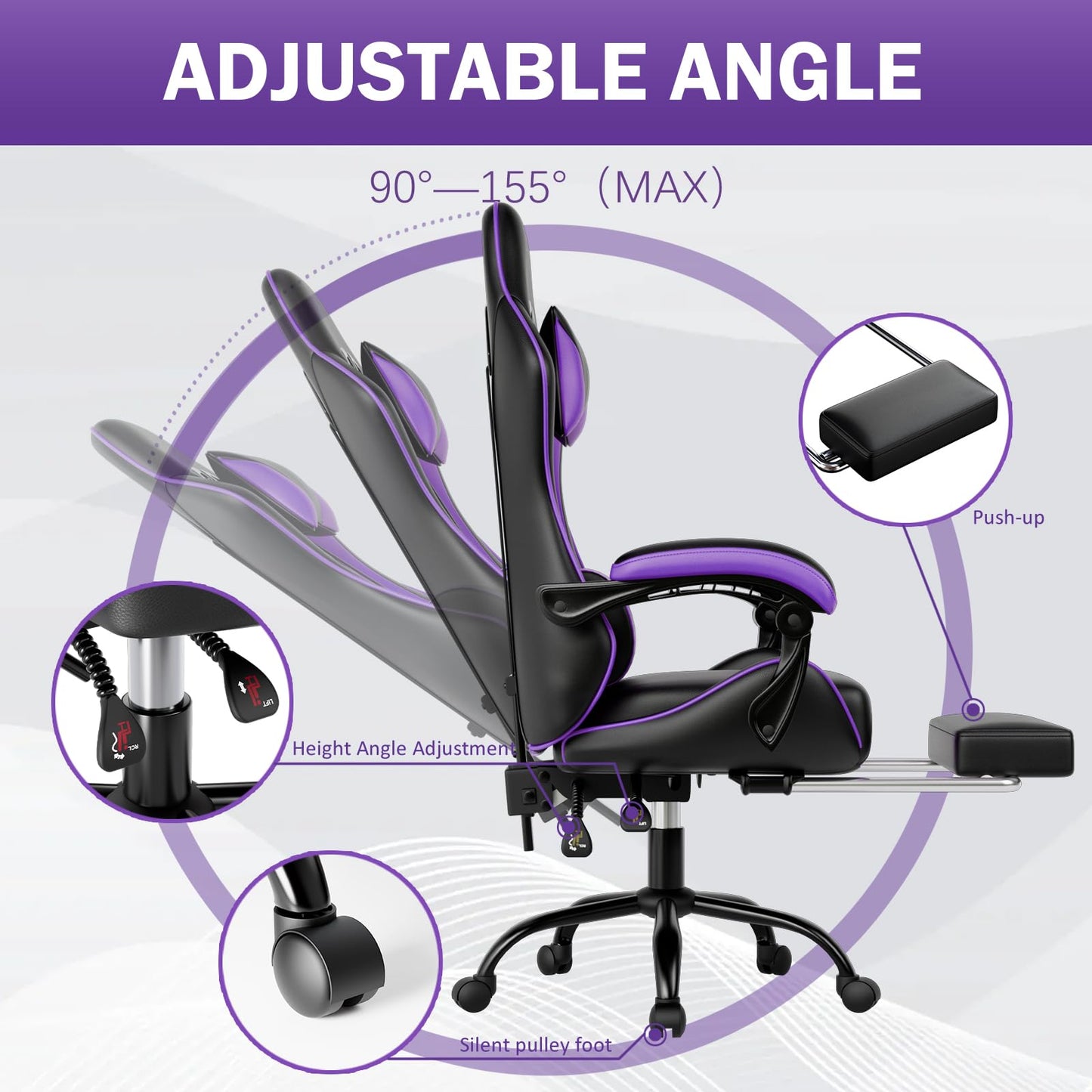 Gaming Chair, Computer Chair with Footrest and Lumbar Support, Ergonomic Video Game Chair with Headrest, Height Adjustable Gamer Chair Office Desk Chair, Purple