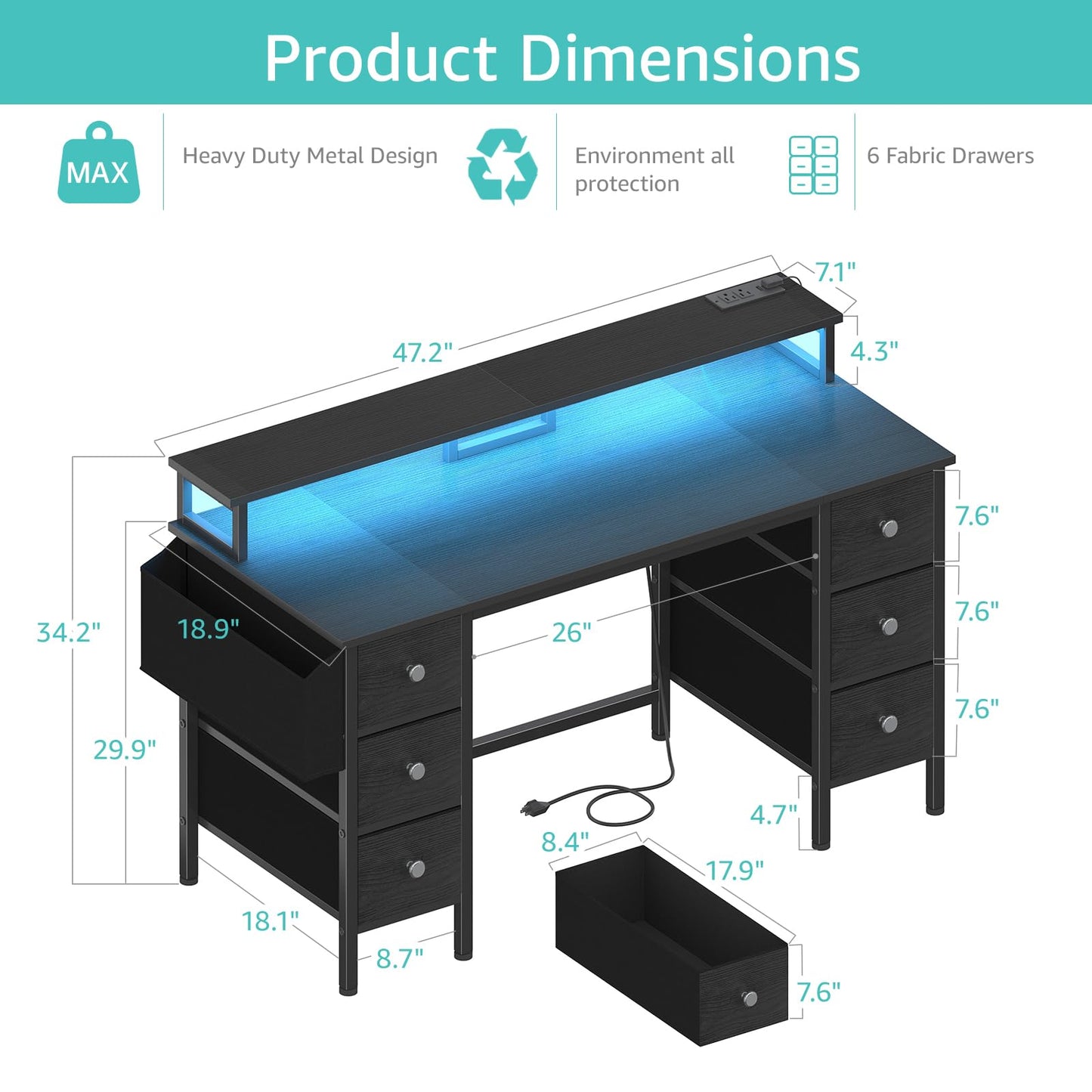 Lufeiya Gaming Desk with LED Lights and Power Outlets, 47 inch Computer Desk with Fabric Drawers & Storage Shelves, Home Office Desk with Monitor Stand, Black