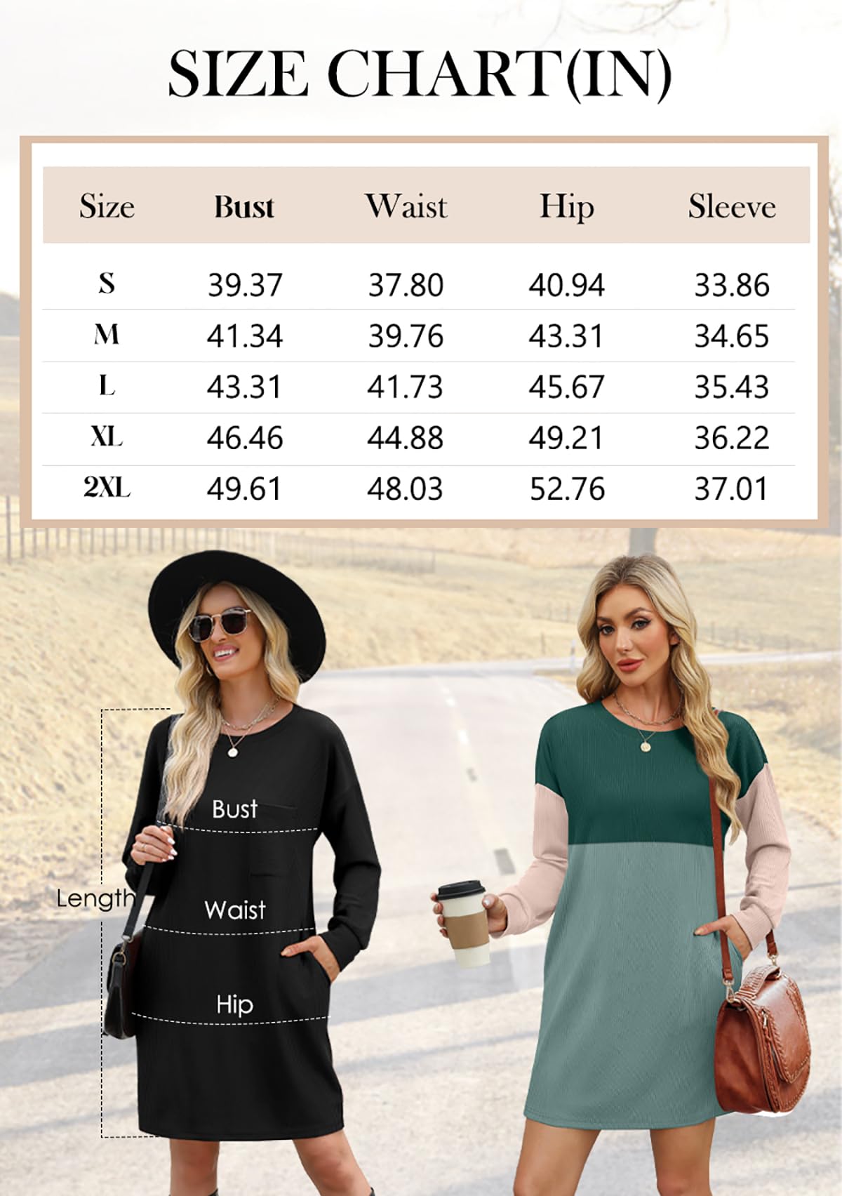 WIHOLL Orange Dresses for Women 2024 Casual Long Sleeve Flowy Mini Dresses with Pockets Crewneck Elegant Cute Fall Winter Homecoming Dresses Teacher Outfits Color Block M