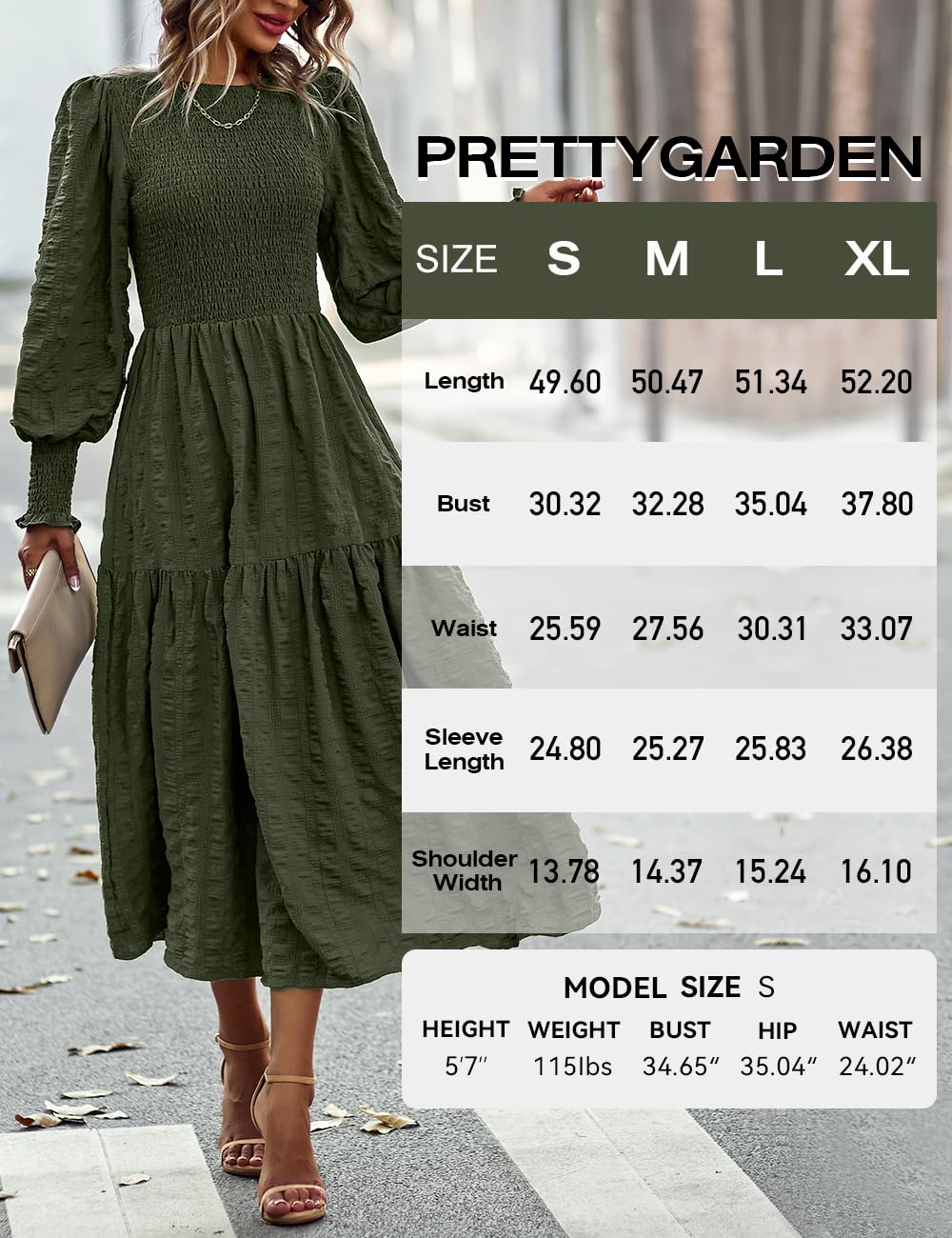 PRETTYGARDEN Women 2024 Puff Long Sleeve Crewneck Smocked Maxi Dress Solid Empire Waist Tiered A-line Swing Flowy Long Dress(Army Green,X-Large)