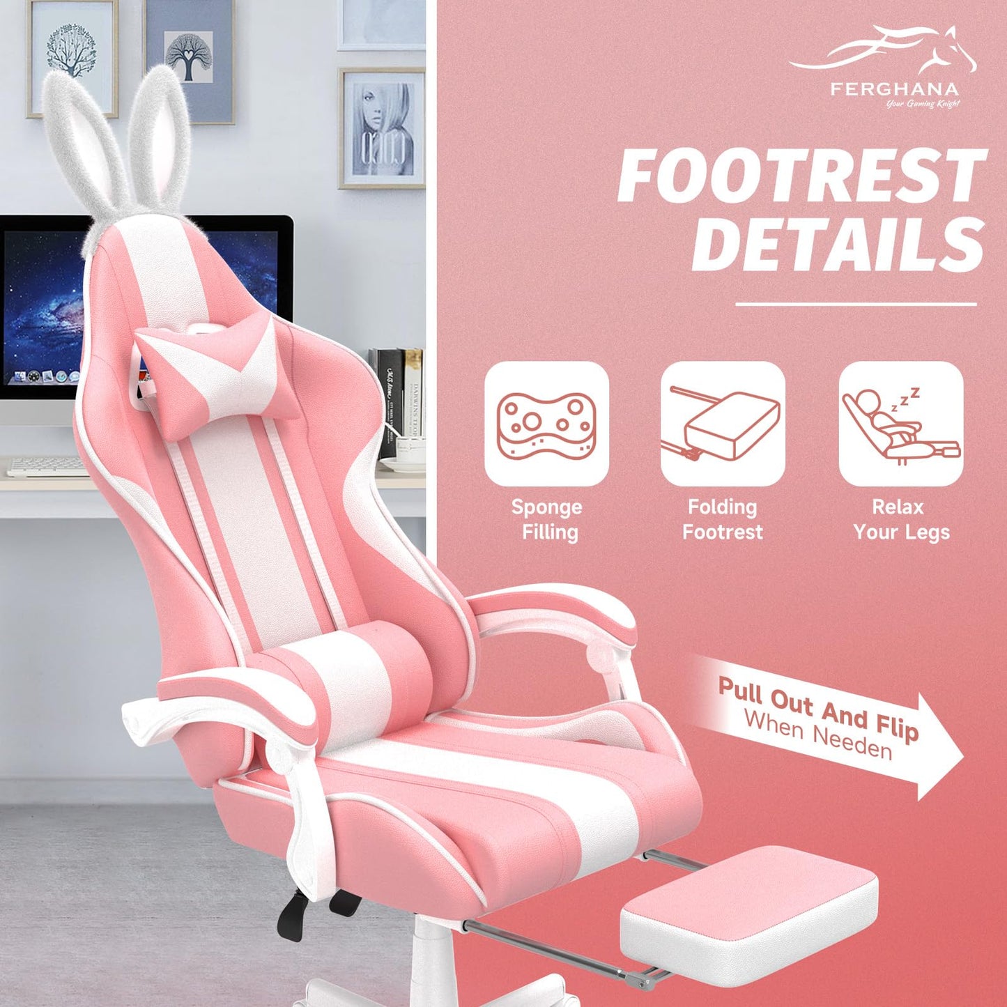 Ferghana Kawaii Pink Gaming Chair with Bunny Ears, Ergonomic Cute Gamer Chair with Footrest and Massage, Racing Reclining Home Computer Game Chair for Girls Adults Teens Kids