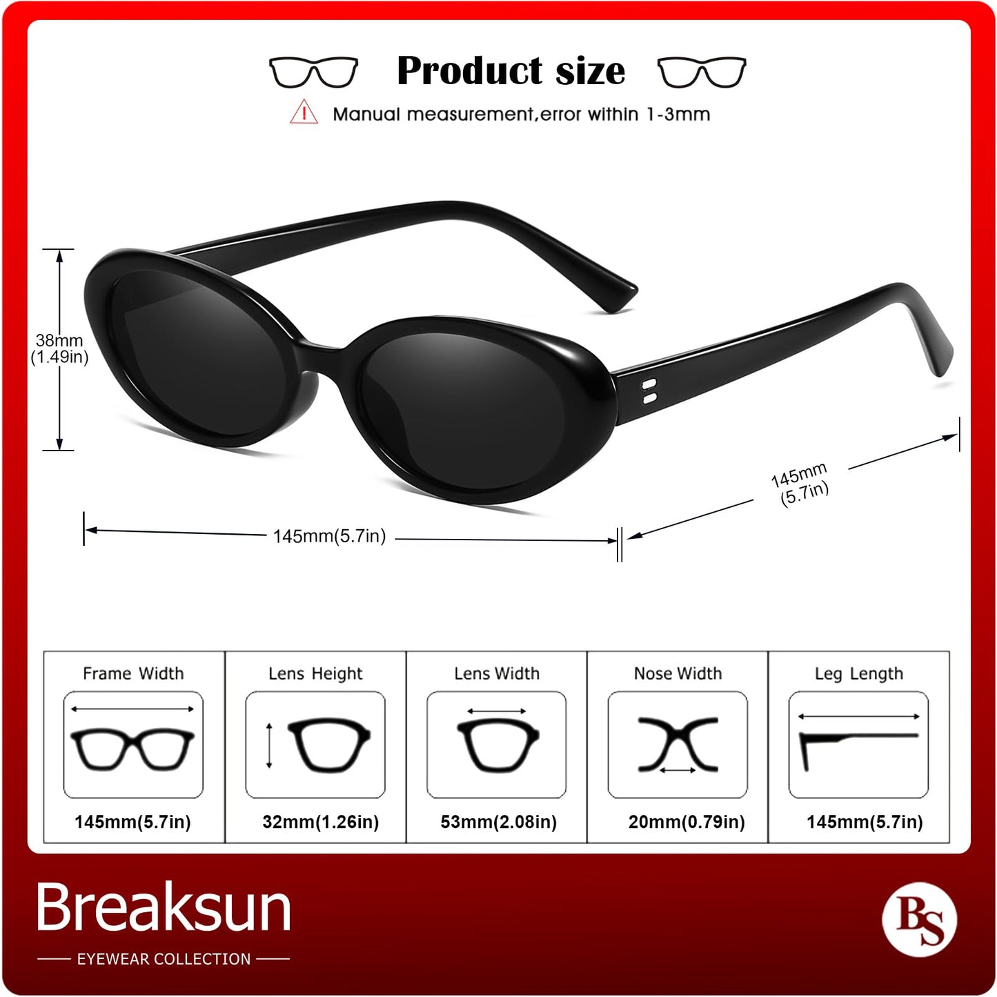 Breaksun Retro Oval Sunglasses for Women Men Fashion Small Oval Sunglasses 90s Vintage Shades (Black/Grey+ Leopard/G15)