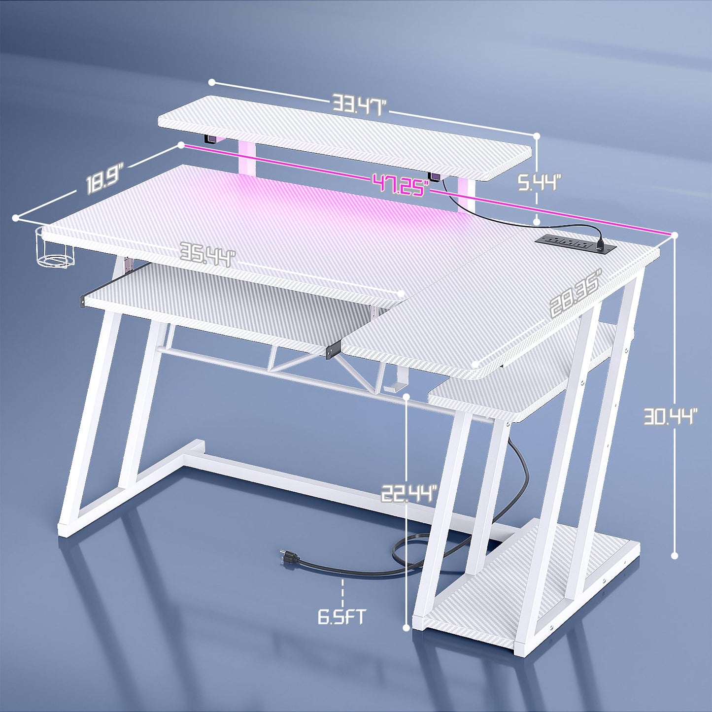 Gaming Desk with Power Outlets and LED Lights, L Shaped Gaming Desk with Shelves, Reversible L Shaped Computer Desk for Gamer, Carbon Fiber White, 47"