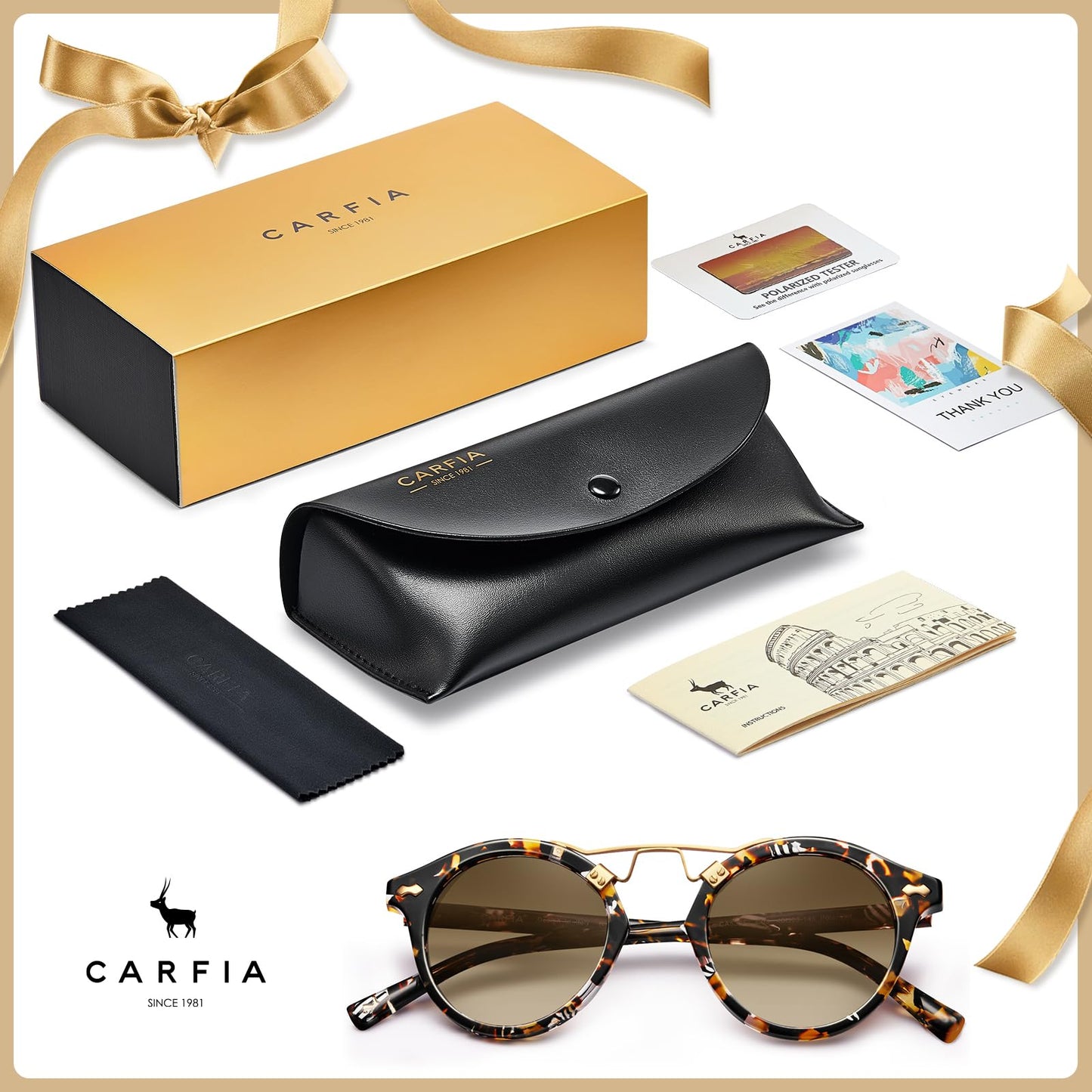 CARFIA Double Bridge Small Brown Acetate Sunglasses for Women Polarized, Retro Metal Brow Lady Sunnies Fashion Round Eyewears