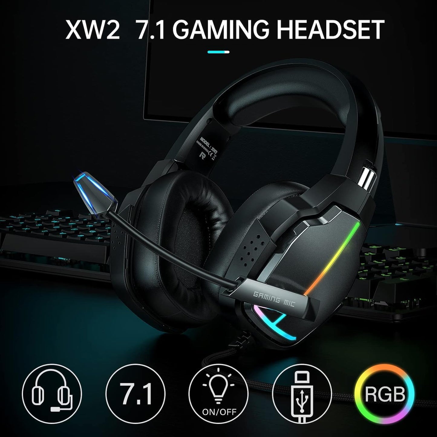 Foyose Gaming Headset for PC-Wired Headphones with Microphone-7.1 Surround Sound Computer USB Headset for Laptop