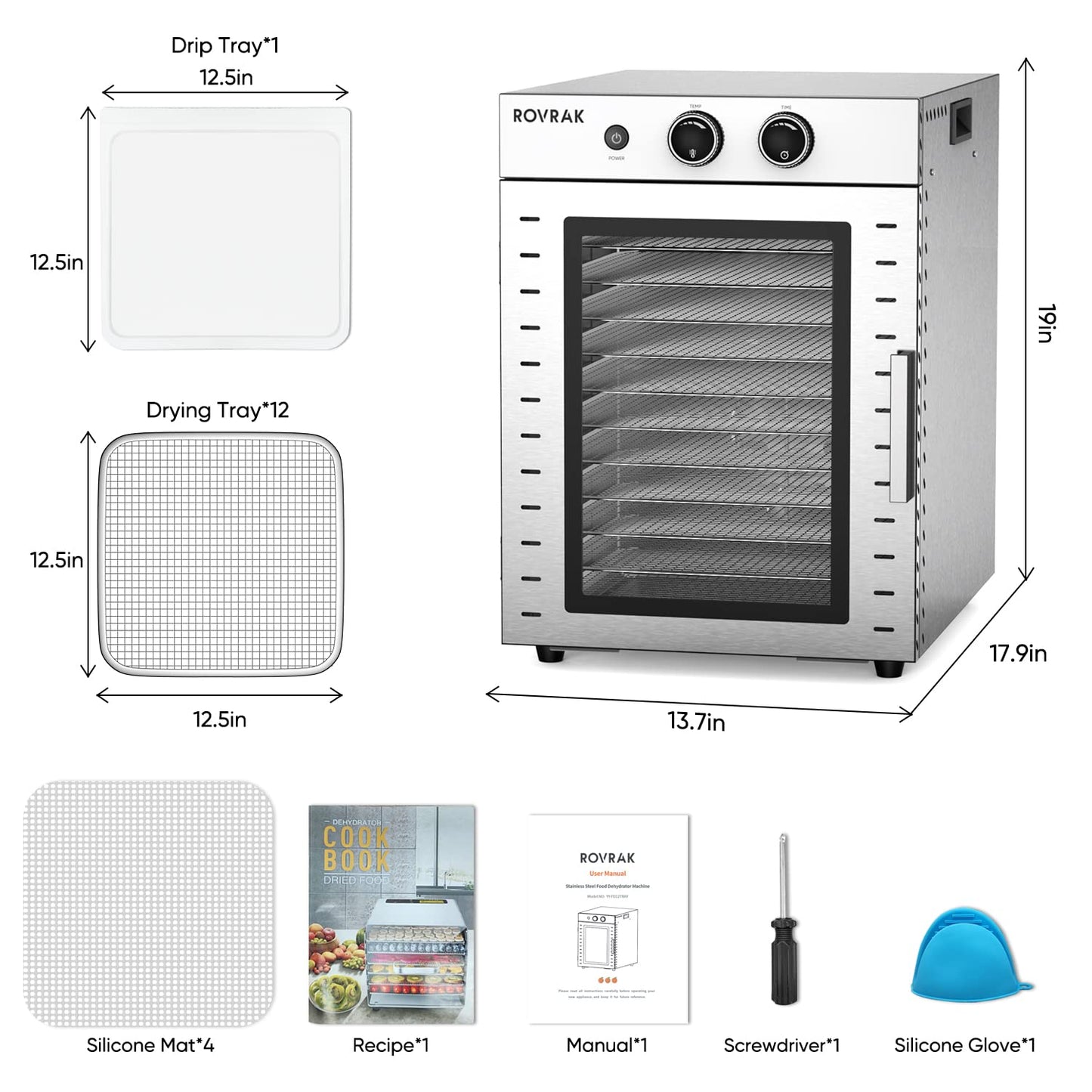 ROVRAk Food Dehydrator for Jerky, Fruit, Meat, Herbs, 12-Tray Stainless Steel Dehydrator Machine, Double-Layer Insulation, Adjustable Timer, Temperature Control, Overheat Protection (67 Recipes)