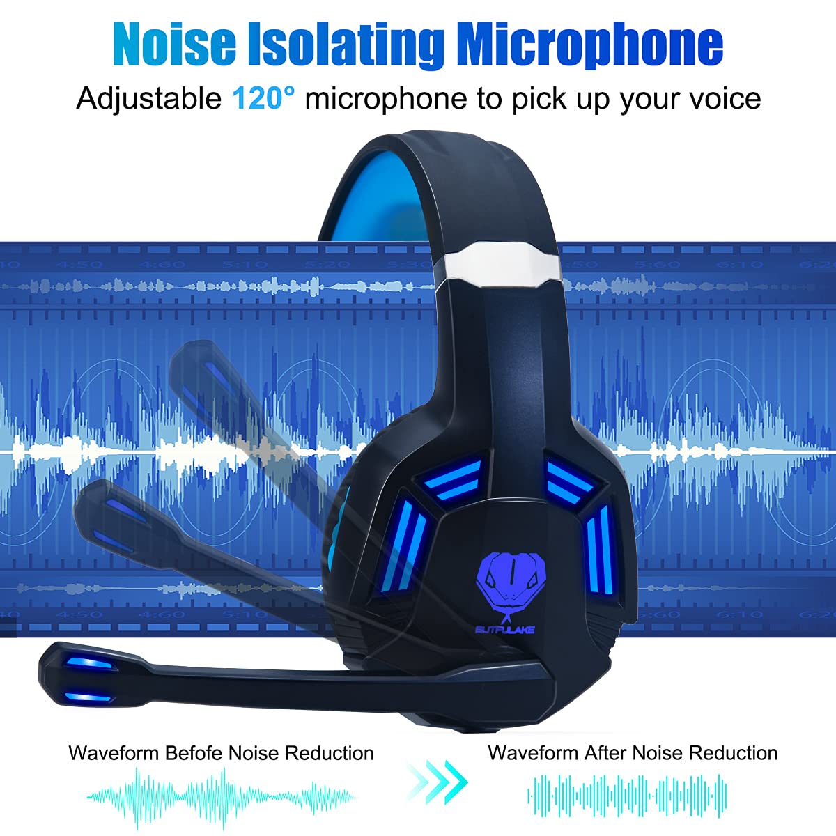 Gaming Headset for PS4, PC, Xbox One, PS5, for Nintendo Switch, Wired Over Ear Headphones with Stereo Surround Sound, Noise-Cancelling Microphone, LED Lights for Kids Adults, Black Blue