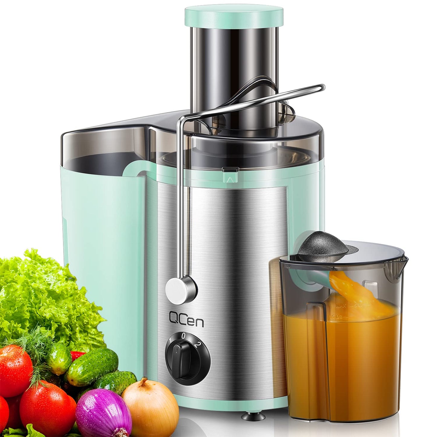 QCen Juicer Machine, 500W Centrifugal Juicer Extractor with Wide Mouth 3” Feed Chute for Fruit Vegetable, Easy to Clean, Stainless Steel, BPA-free (Aqua)