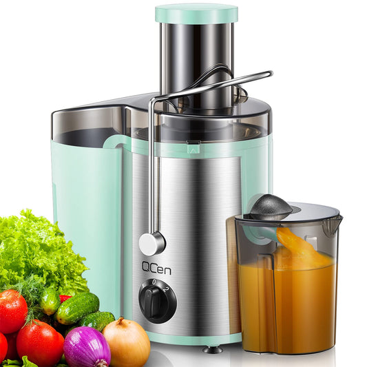 QCen Juicer Machine, 500W Centrifugal Juicer Extractor with Wide Mouth 3” Feed Chute for Fruit Vegetable, Easy to Clean, Stainless Steel, BPA-free (Aqua)