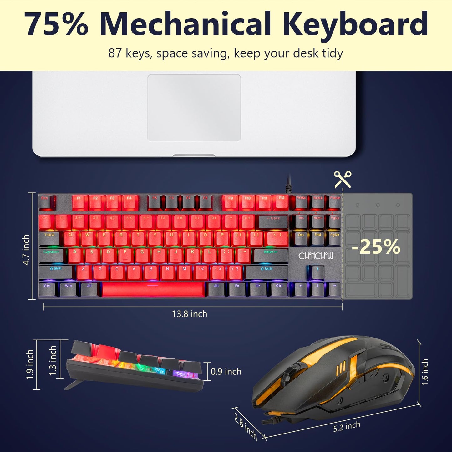 CHONCHOW 75% Mechanical Gaming Keyboard and Mouse Combo, 87 Keys TKL, LED Backlit, Blue Switch, Hot Swappable Mechanical Keyboard, RGB Mouse 1200-4200 DPI for Ps4 Xbox PC Laptop Mac Windows, Black-Red