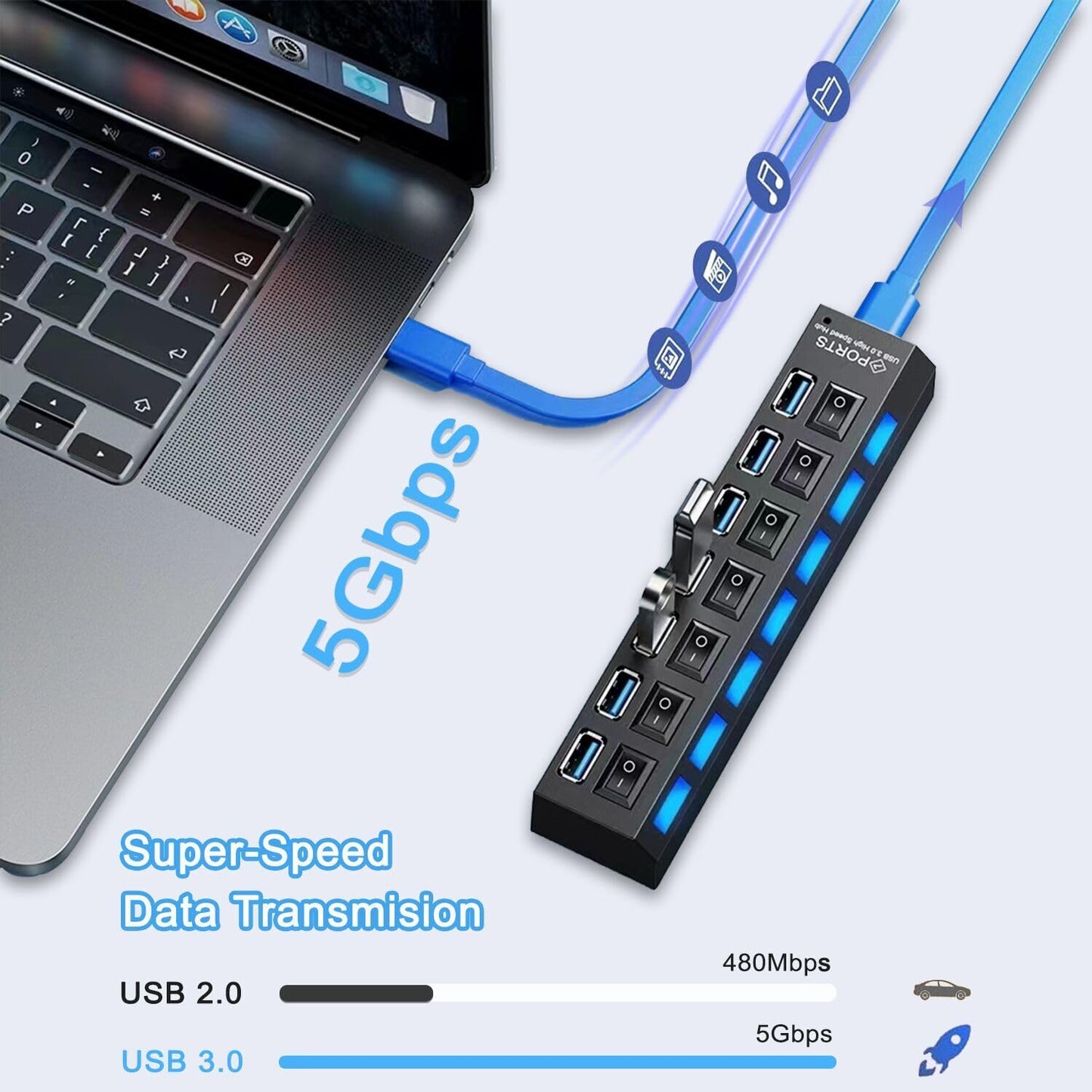 USB Hub 3.0, VIENON 7-Port USB Extender USB Splitter with Independent LED Switches Multi USB Port Hub for Laptop, PC, MacBook, Mac Pro, Mac Mini, iMac, Surface Pro and More USB Devices-2FT