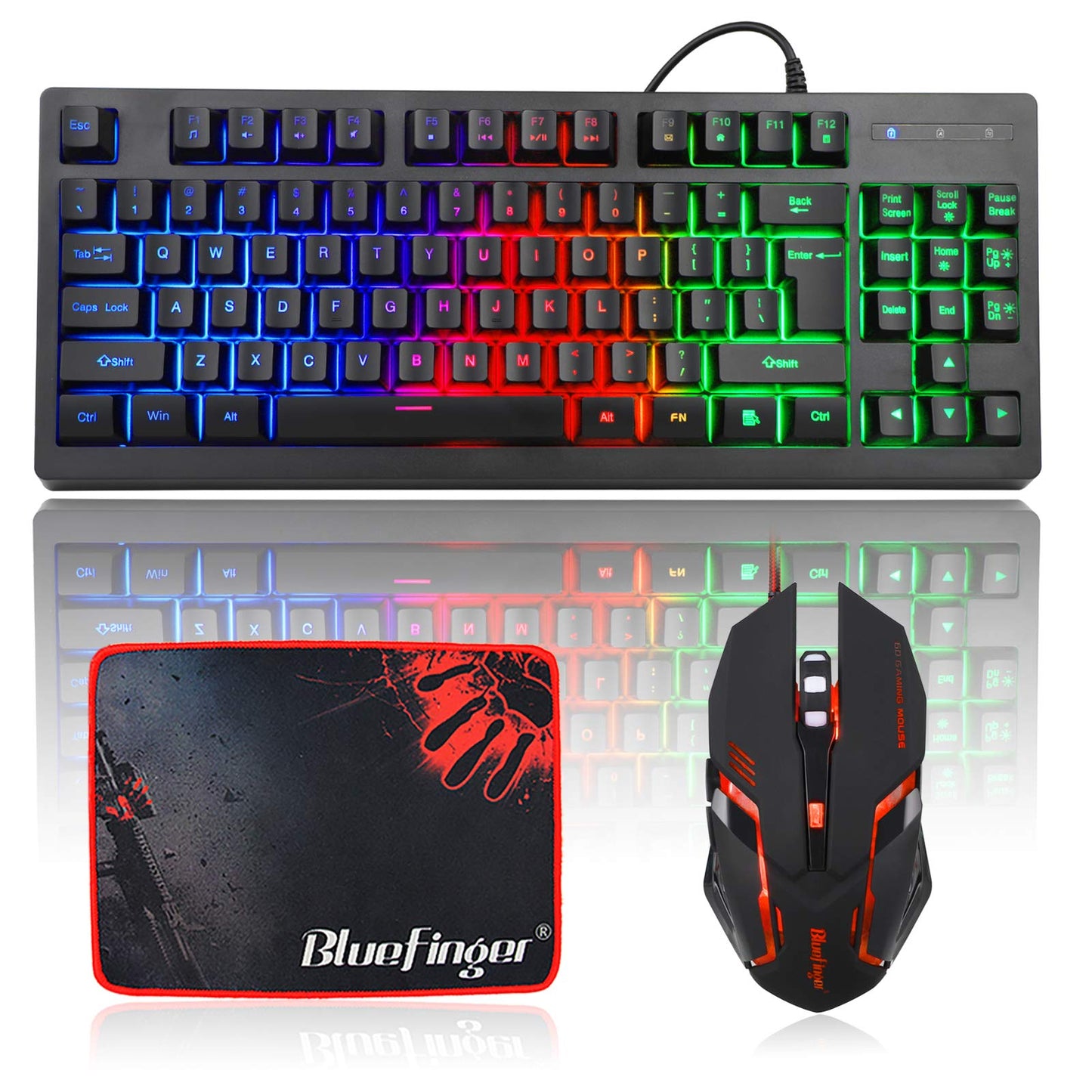 RGB 87 Keys Gaming Keyboard and Backlit Mouse Combo,BlueFinger USB Wired Rainbow Keyboard,Gaming Keyboard Set for Laptop PC Computer Game and Work