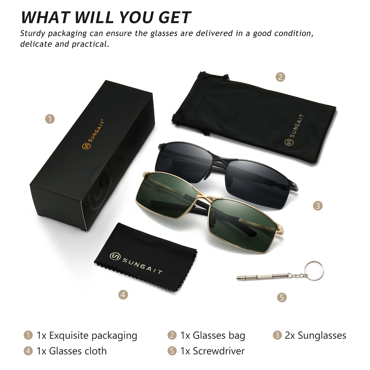 SUNGAIT Ultra Lightweight Polarized Sunglasses Men Rectangular Metal Frame with Spring Hinge SGT559ZH-HH-JKML