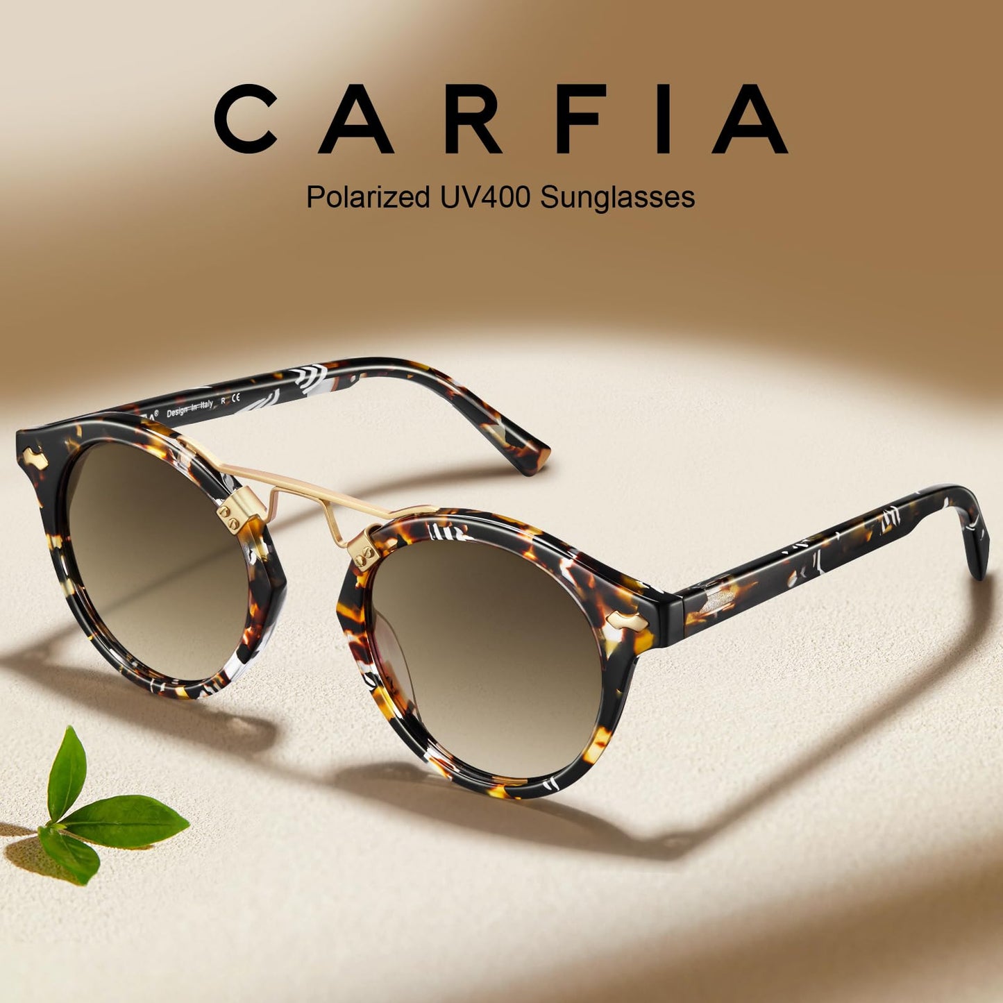 CARFIA Double Bridge Small Brown Acetate Sunglasses for Women Polarized, Retro Metal Brow Lady Sunnies Fashion Round Eyewears