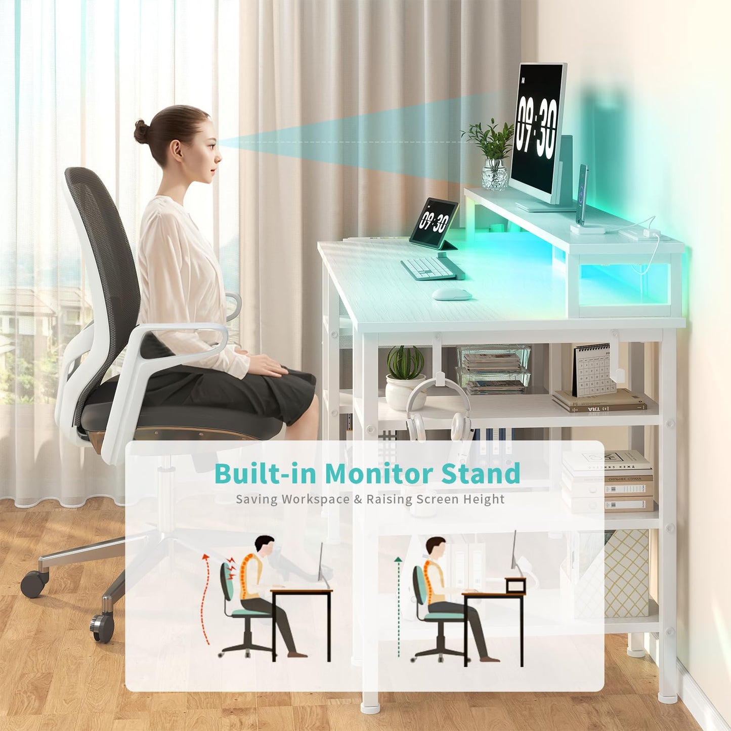 Lufeiya White Gaming Desk with Storage Shelves, 47 inch Home Office Desk with Monitor Stand, Computer Desk with LED Lights and Power Outlets, White