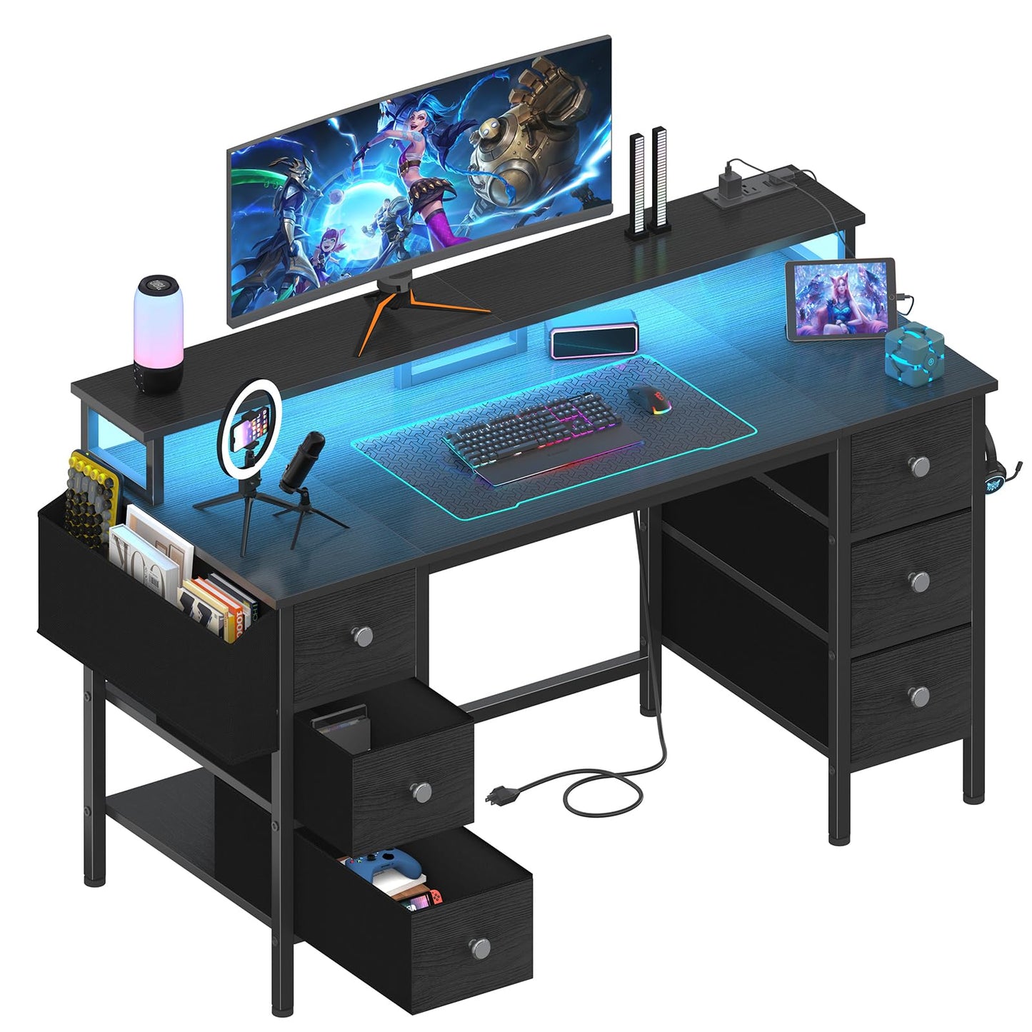 Lufeiya Gaming Desk with LED Lights and Power Outlets, 47 inch Computer Desk with Fabric Drawers & Storage Shelves, Home Office Desk with Monitor Stand, Black