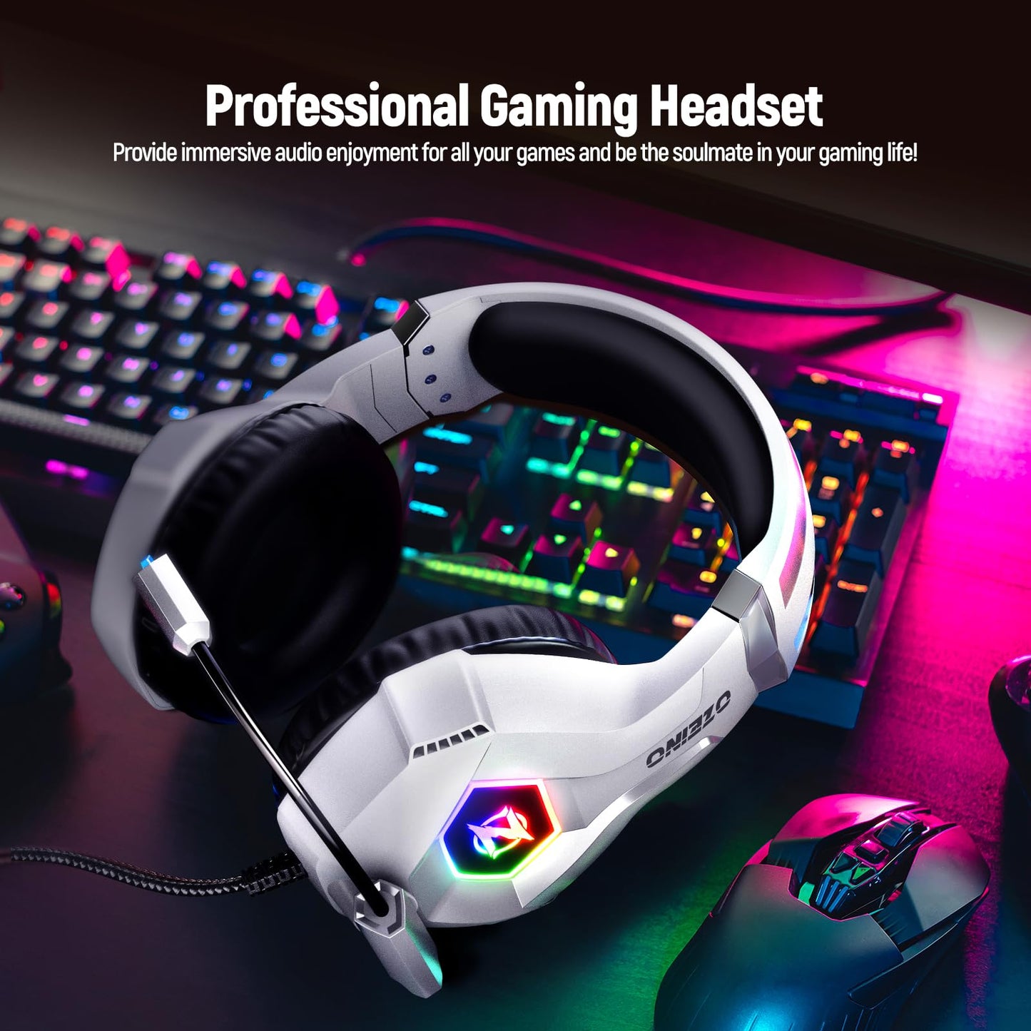 Ozeino Gaming Headset for PC, Ps4, Ps5, Xbox Headset with 7.1 Surround Sound, Gaming Headphones with Noise Cancelling Mic RGB Light Over Ear Headphones for Xbox Series X/S, Switch