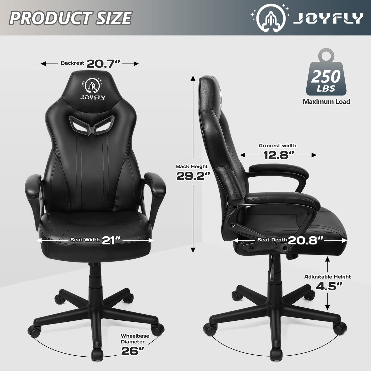 JOYFLY Computer Chair for Adults, 300Lbs Ergonomic Office PC Chair with Lumbar Support（Black-Leather）