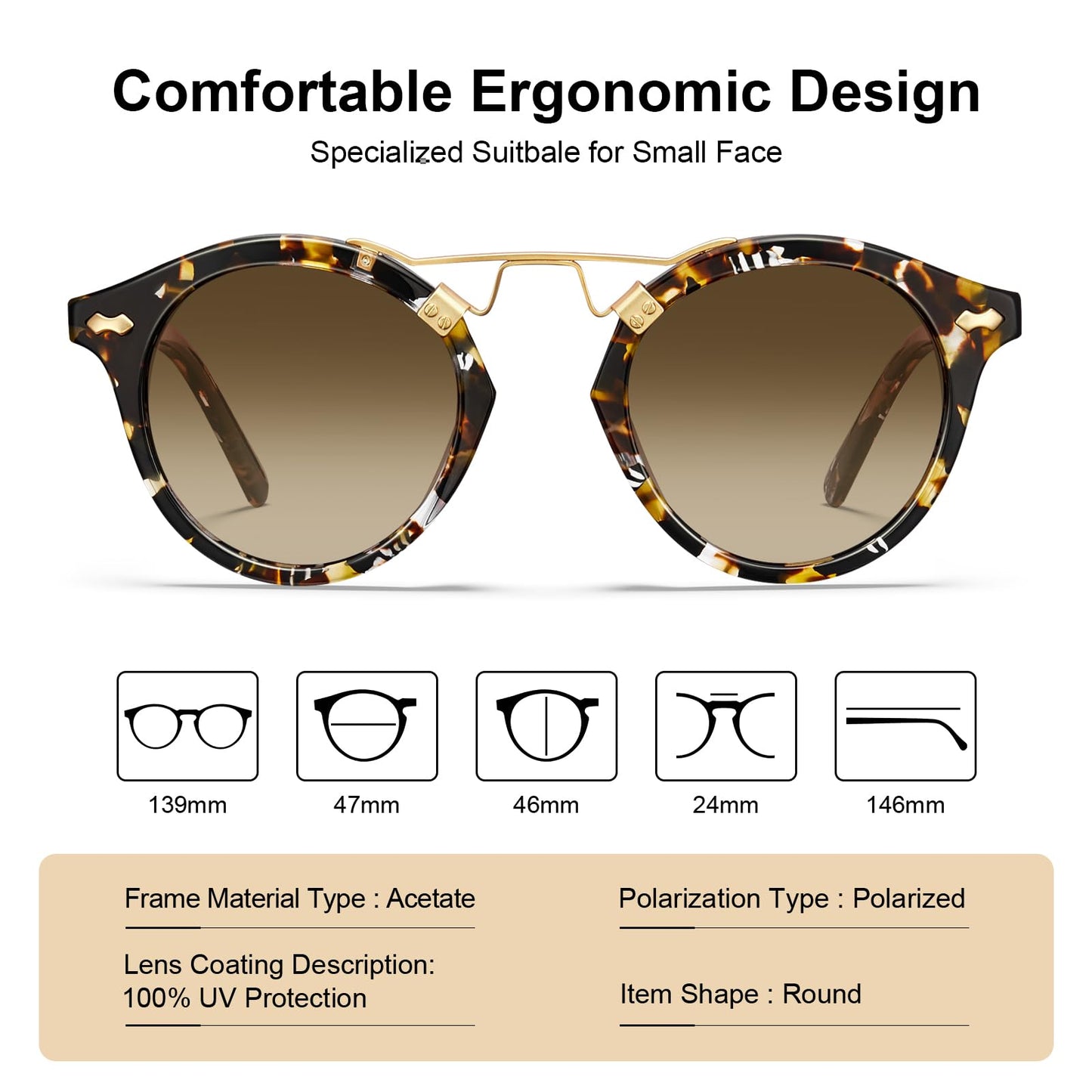 CARFIA Double Bridge Small Brown Acetate Sunglasses for Women Polarized, Retro Metal Brow Lady Sunnies Fashion Round Eyewears