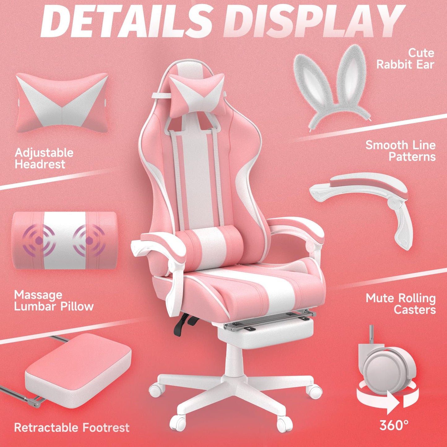 Ferghana Kawaii Pink Gaming Chair with Bunny Ears, Ergonomic Cute Gamer Chair with Footrest and Massage, Racing Reclining Home Computer Game Chair for Girls Adults Teens Kids