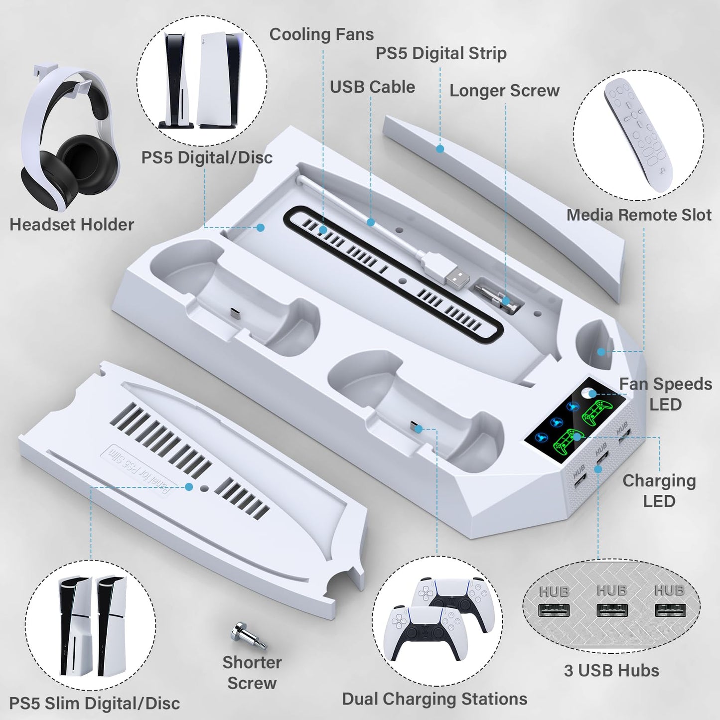 PS5 / PS5 Slim Stand and Cooling Station with Dual Controller Charging Station for PlayStation 5 Console, PS5 Accessories Incl. Controller Charger, Cooling Fan, Headset Holder, 3 USB Hub, Screw-White