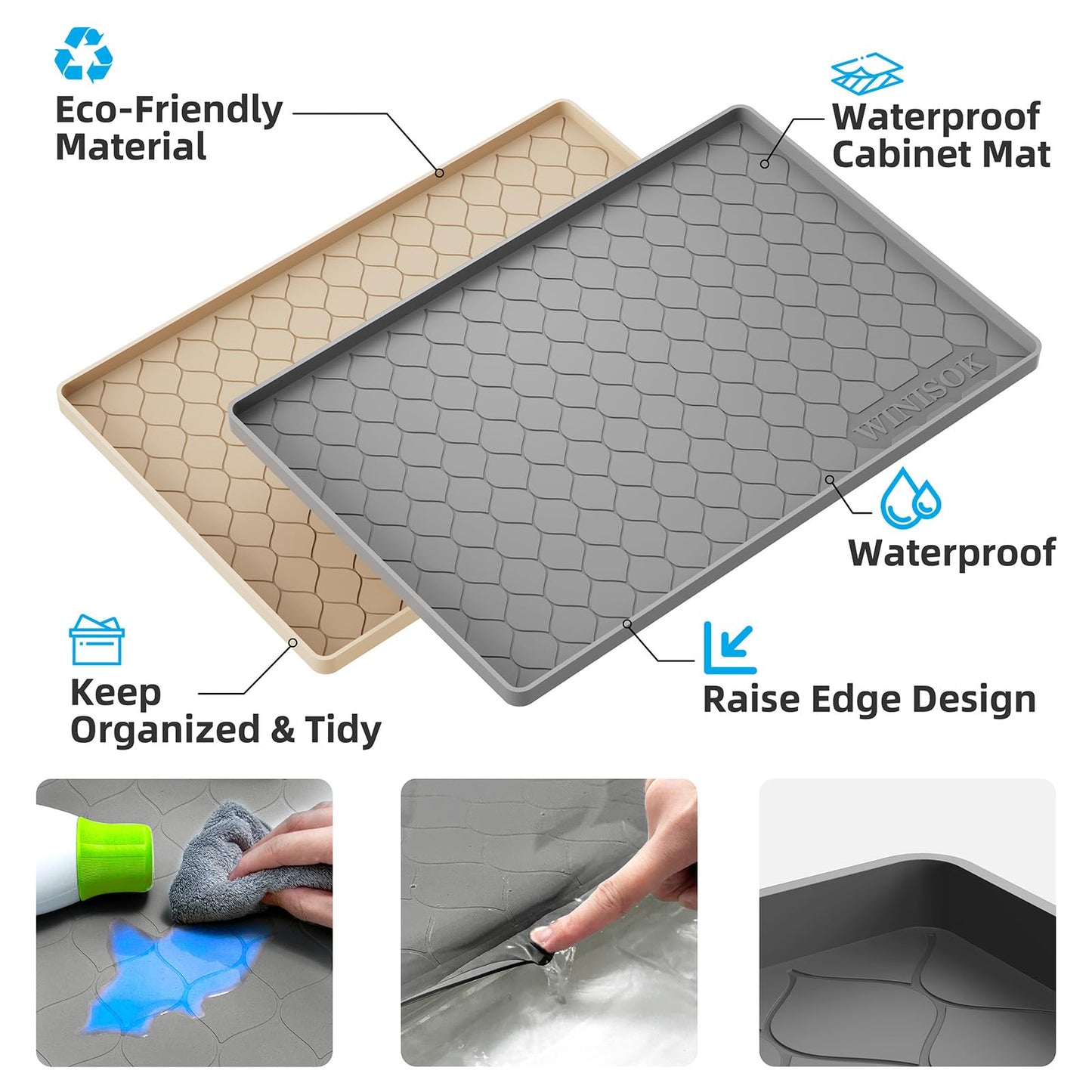 Winisok Waterproof Under Sink Mat -34” x 22” Cabinet Liner for Kitchen & Bathroom, Shelf Protector Silicone Under Sink Tray, Kitchen Cabinet Organizers and Storage Sink Drip Tray