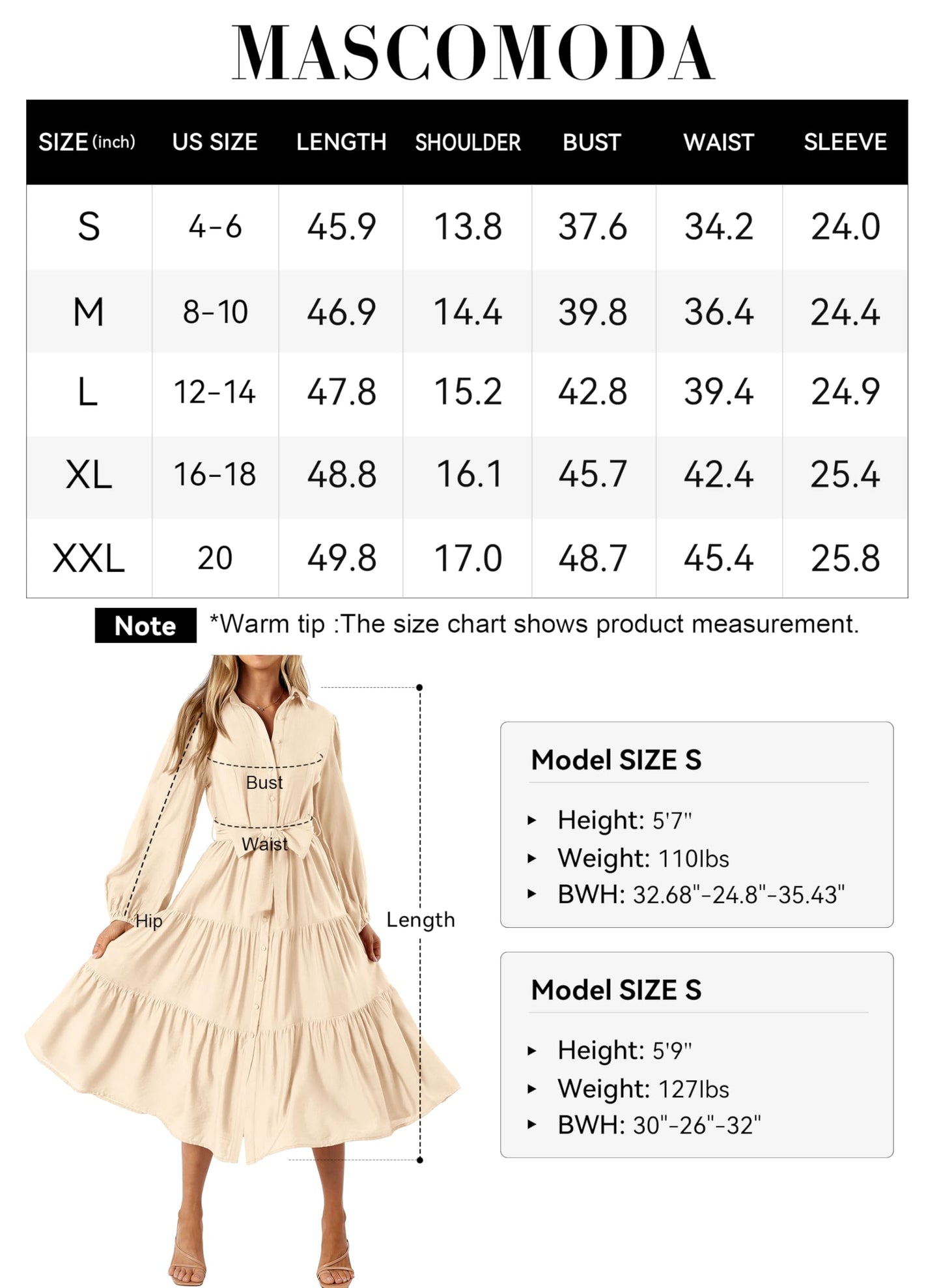 MASCOMODA Womens Dresses 2024 Fall Long Sleeve Midi Dress Casual V Neck Button Down Tiered Flowy Aline Tie Waist Shirt Dress(Beige,Small)