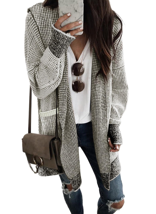 Sidefeel Cardigan Sweaters for Women Oversized Plaid Loose Fit Hooded Open Front Sweater 2024 Trendy Gray Large