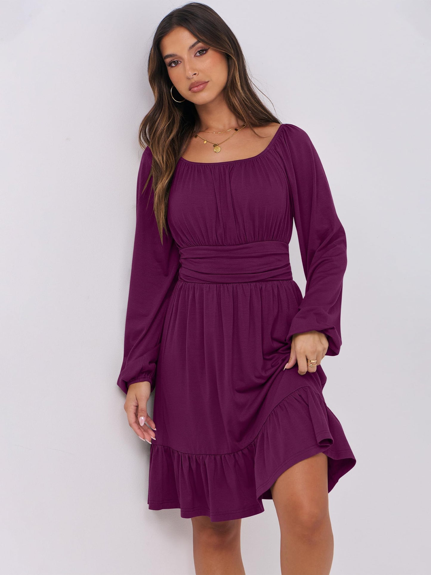 ANRABESS Womens Dress Long Lantern Sleeve Square Neck Elastic Waist Ruffle Flowy Swing A-Line Short Dresses 2024 Fall Fashion Deep Purple Medium