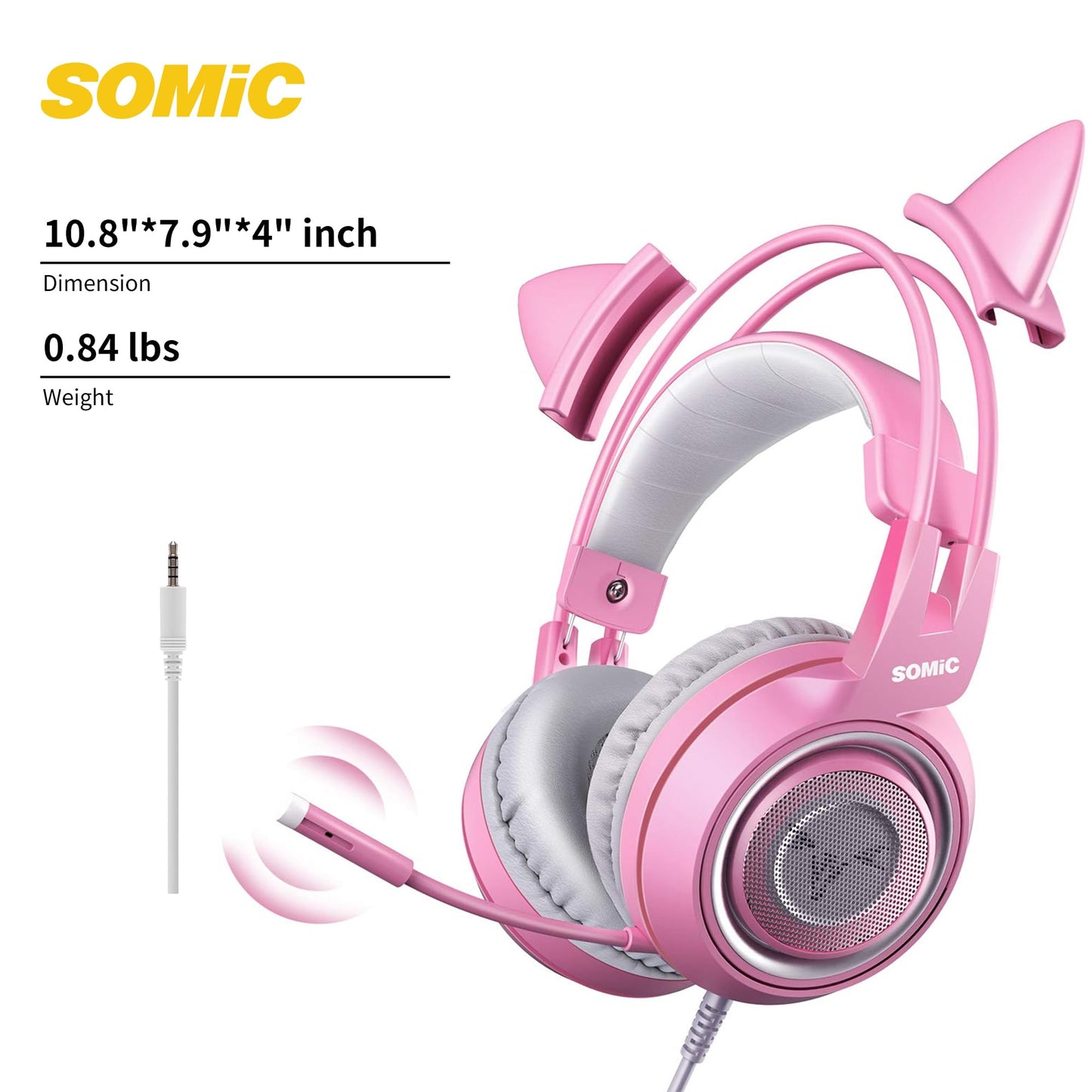 SOMIC G951s Pink Stereo Gaming Headset with Mic for PS4,Xbox,PC,Mobile Phone,3.5mm Noise Reduction Cat Ear Headphones Lightweight Over Ear Headphones for Girls