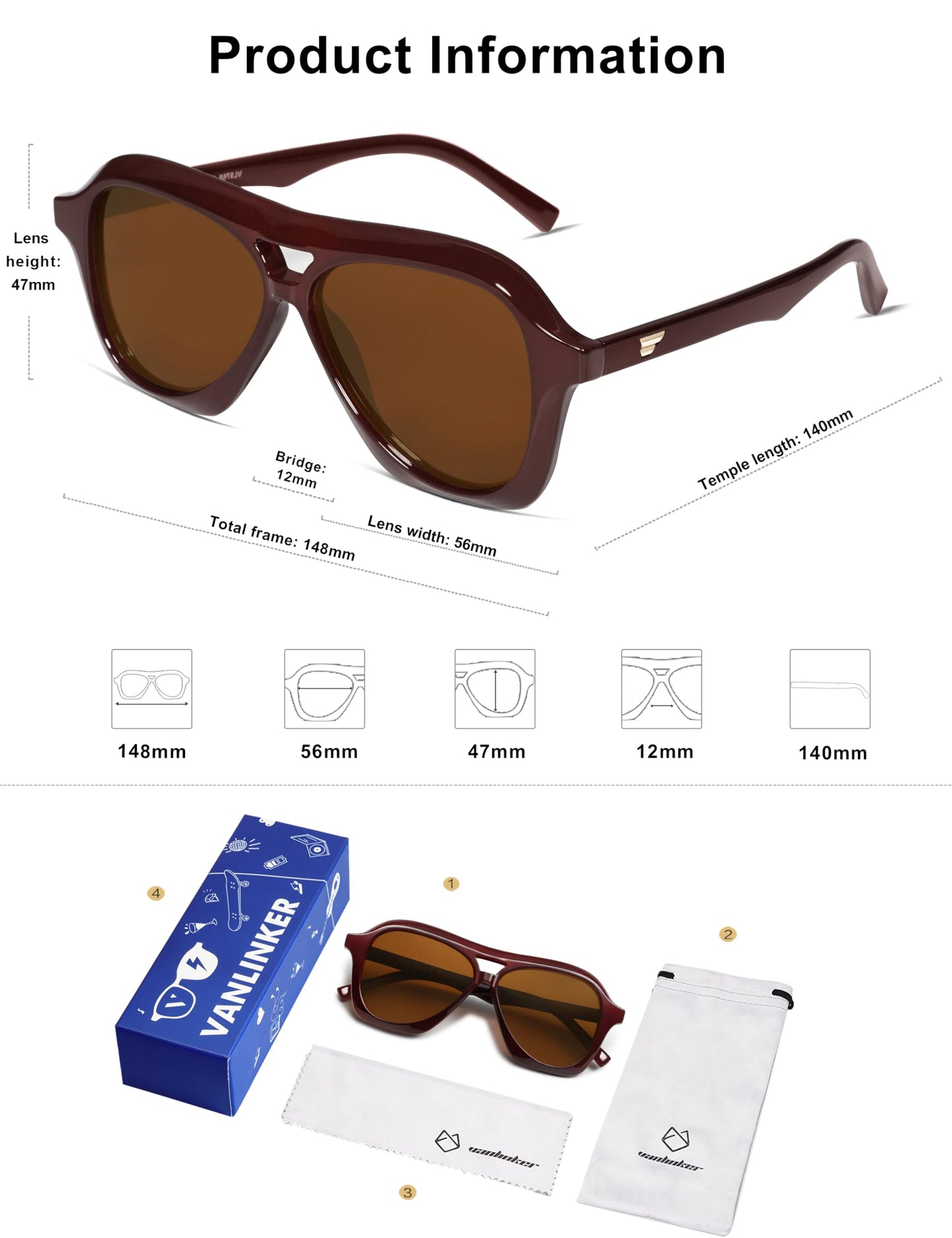 VANLINKER Retro 70s Square Aviator Sunglasses Womens Men Trendy Polarized Vintage Shades VL9768 Burgundy Frame Brown Lens