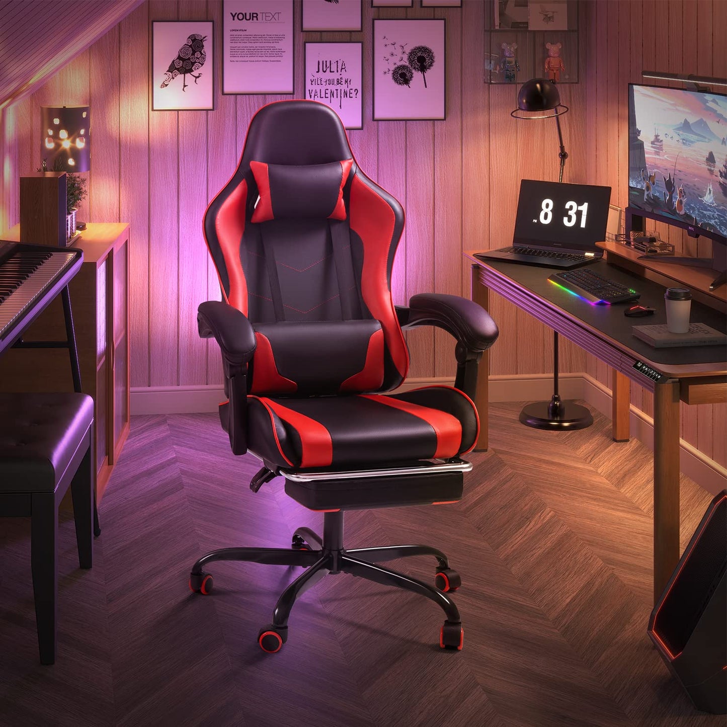 Shahoo Gaming Chair with Footrest and Massage Lumbar Support, Video Racing Seat Height Adjustable with 360°Swivel and Headrest for Office or Bedroom, Red