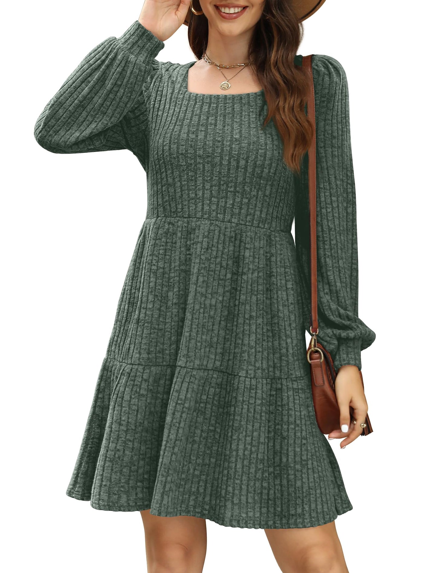 Womens Dresses Square Neck Winter Christmas Long Sleeve Spring Dress with Pockets 2024 Green M