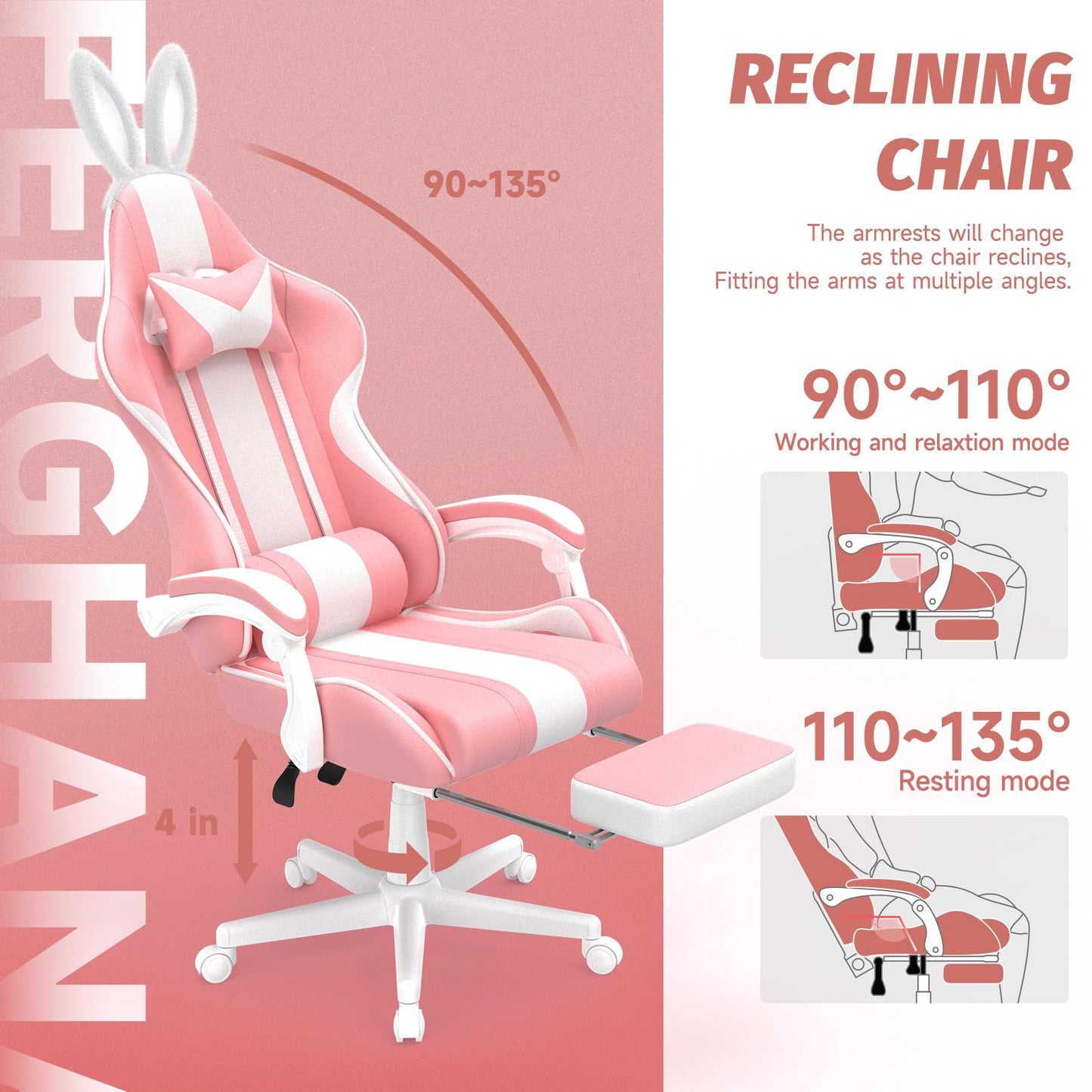 Ferghana Kawaii Pink Gaming Chair with Bunny Ears, Ergonomic Cute Gamer Chair with Footrest and Massage, Racing Reclining Home Computer Game Chair for Girls Adults Teens Kids