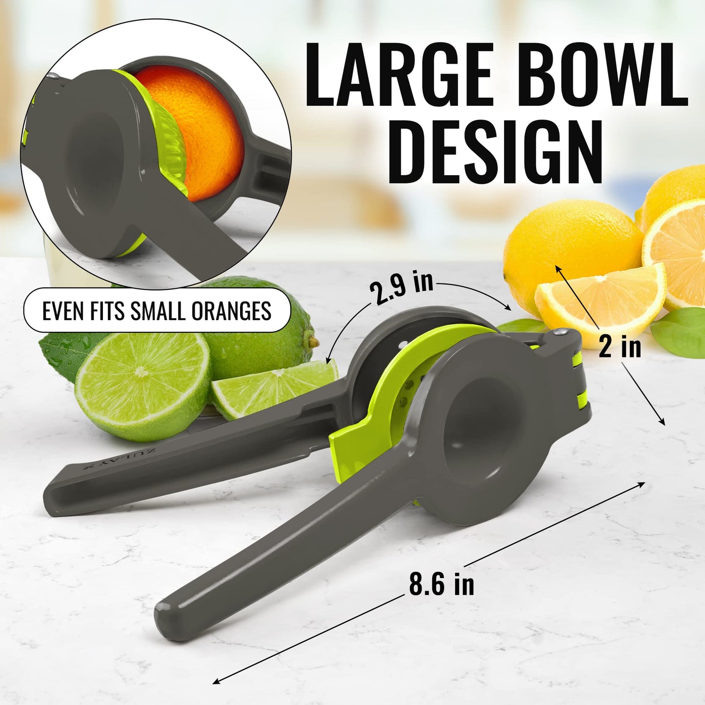 Zulay Metal 2-In-1 Lemon Squeezer Manual - Sturdy, Max Extraction Hand Juicer Lemon Squeezer Gets Every Last Drop - Easy to Clean Manual Citrus Juicer - Easy-to-Use Lemon Juicer Squeezer - Gray/Lime